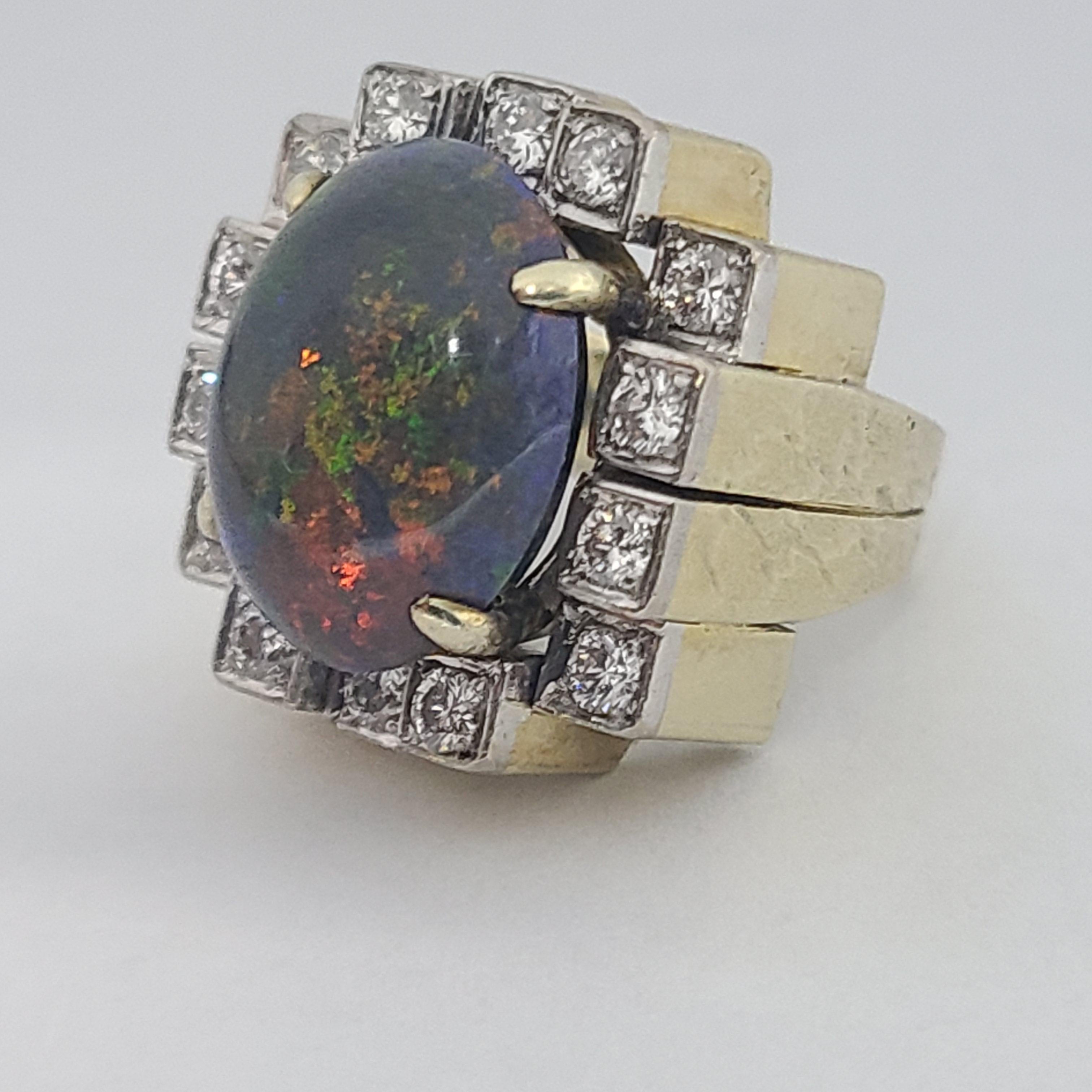 Art Deco Cubist Platinum Top 14k Gold Natural Black Opal 1ctw Diamond Ring 1