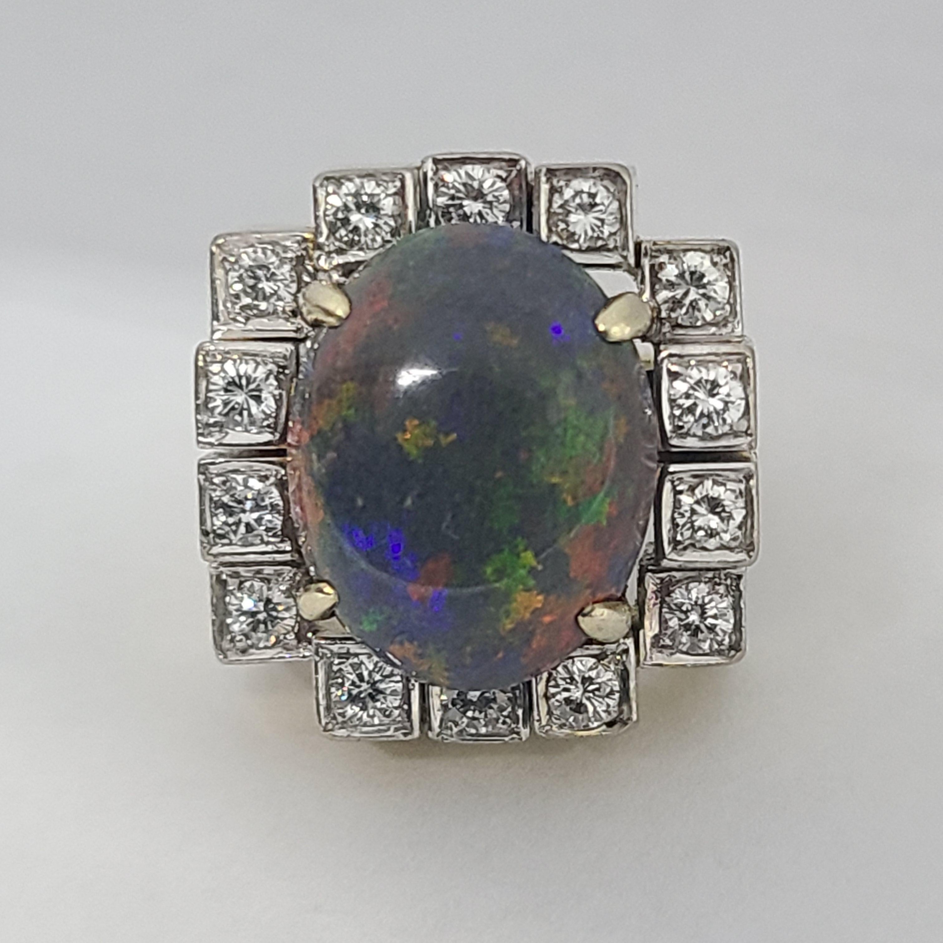 Art Deco Cubist Platinum Top 14k Gold Natural Black Opal 1ctw Diamond Ring 2