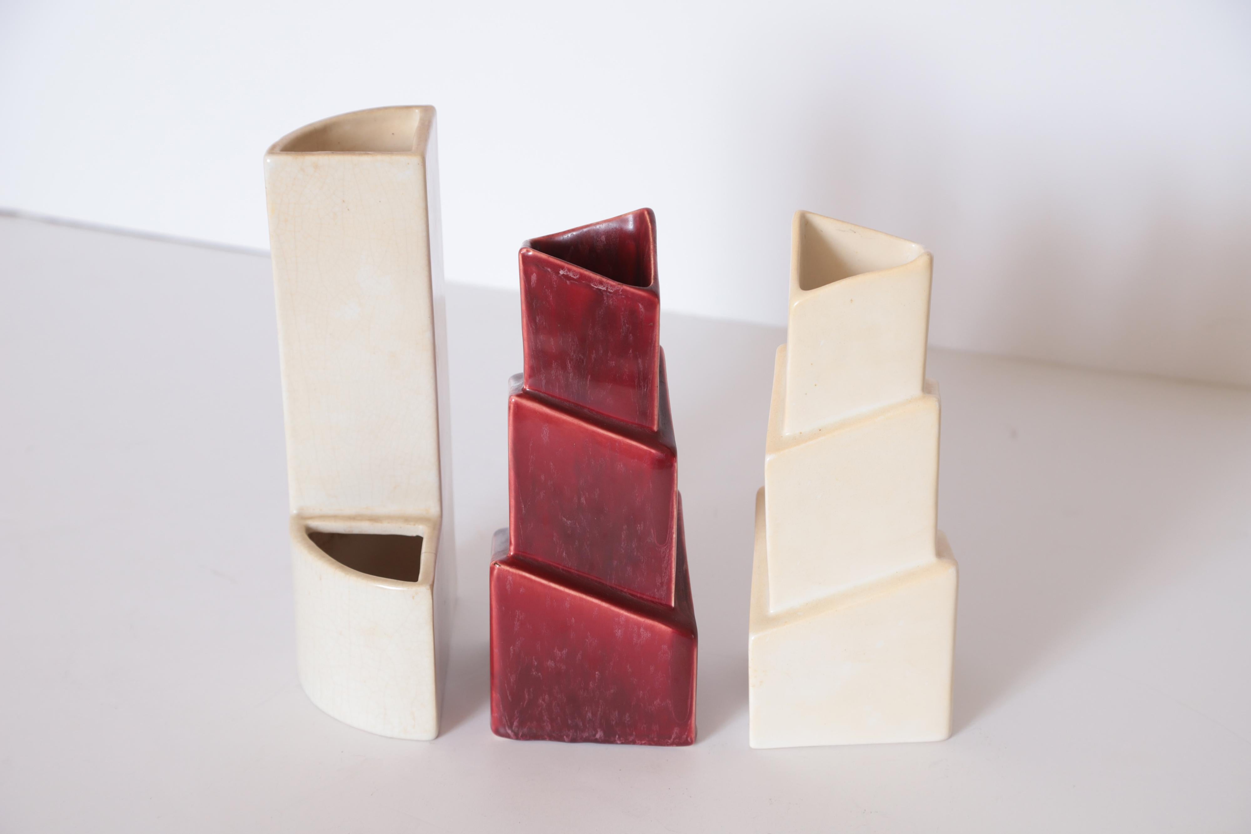 Art Deco Cubist Rhombic Pottery Vase Trio Ceramic Rombic Rhomboid For Sale 11