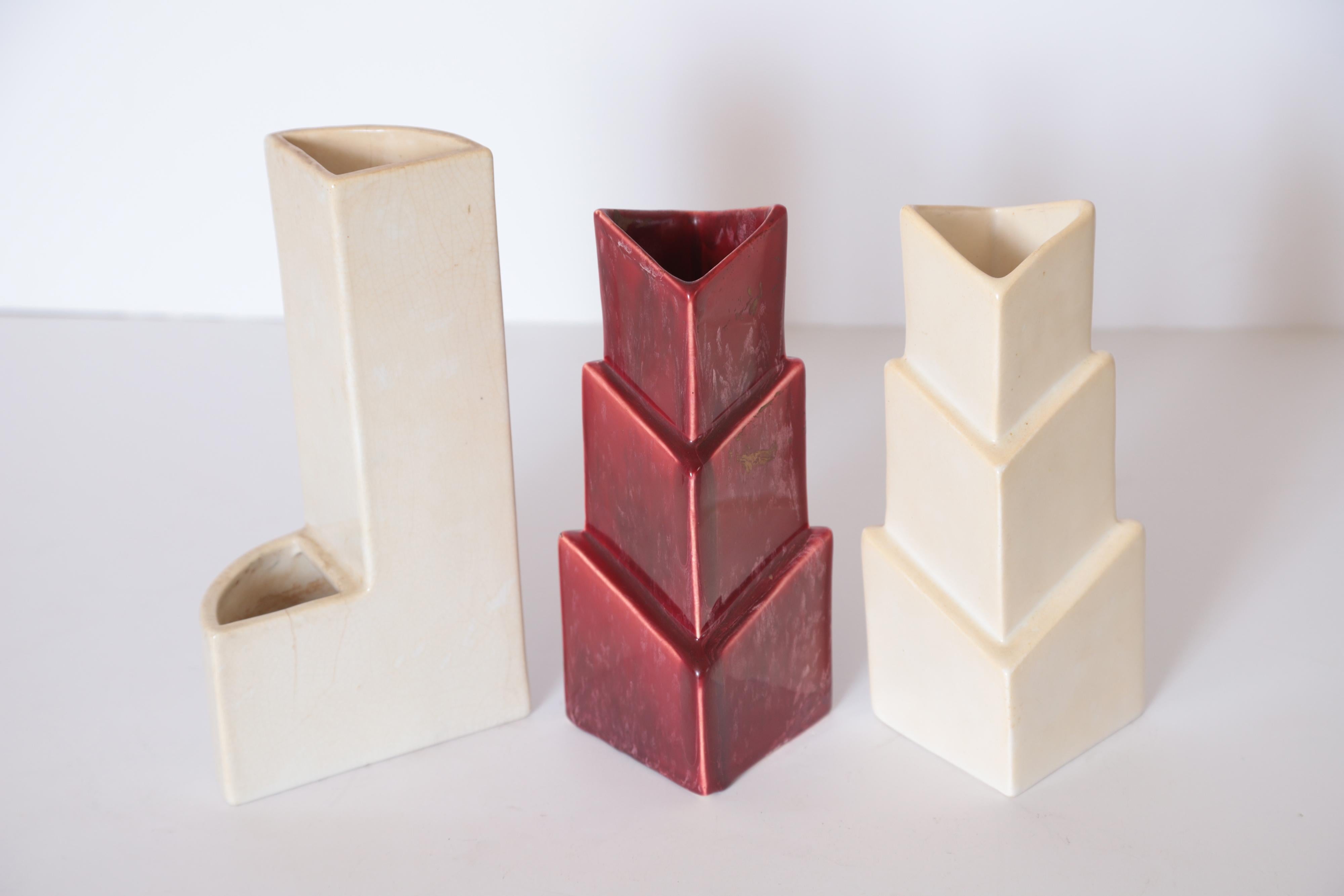 Art Deco Cubist Rhombic Pottery Vase Trio Ceramic Rombic Rhomboid For Sale 13