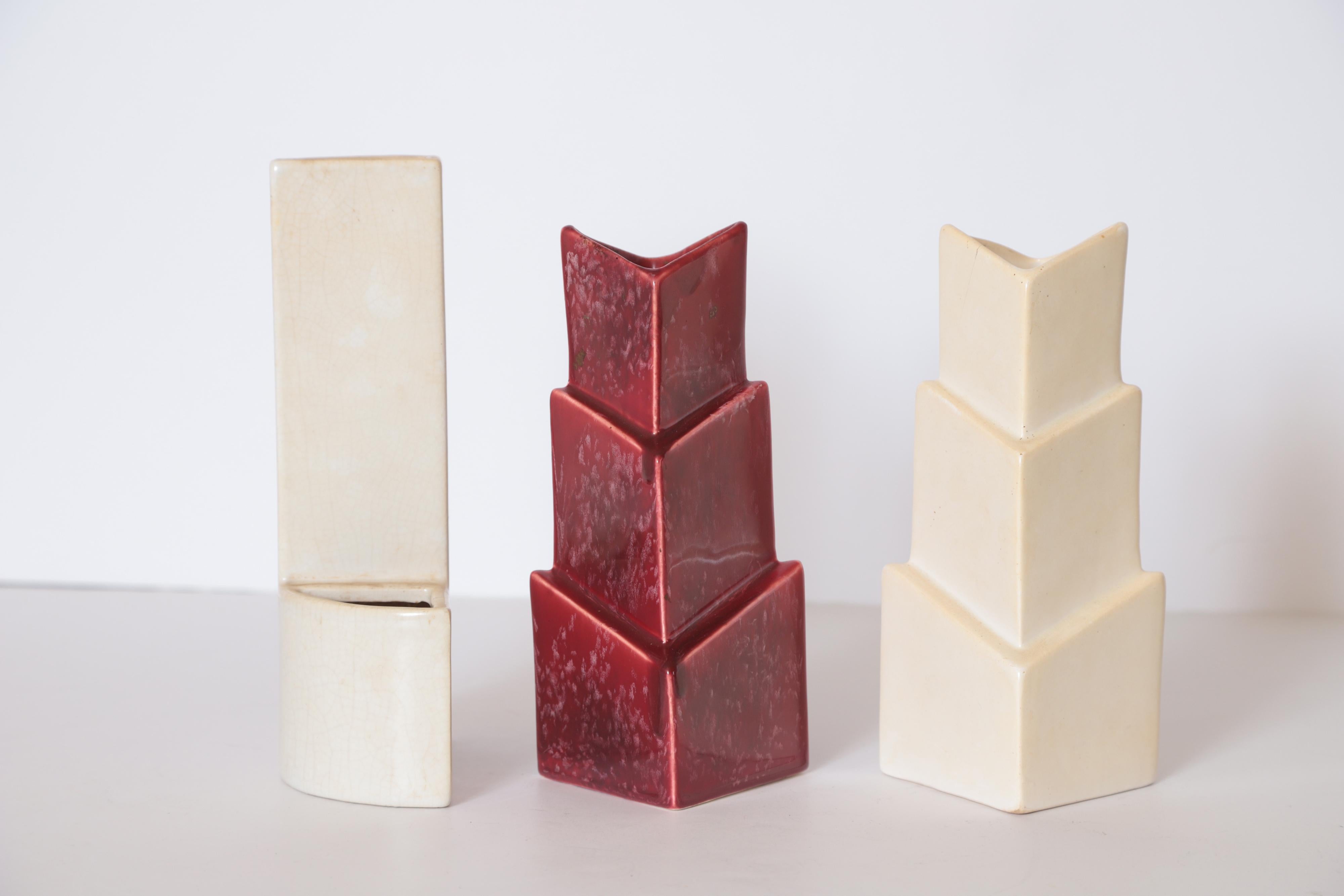 Art Deco Cubist Rhombic Pottery Vase Trio Ceramic Rombic Rhomboid For Sale 1