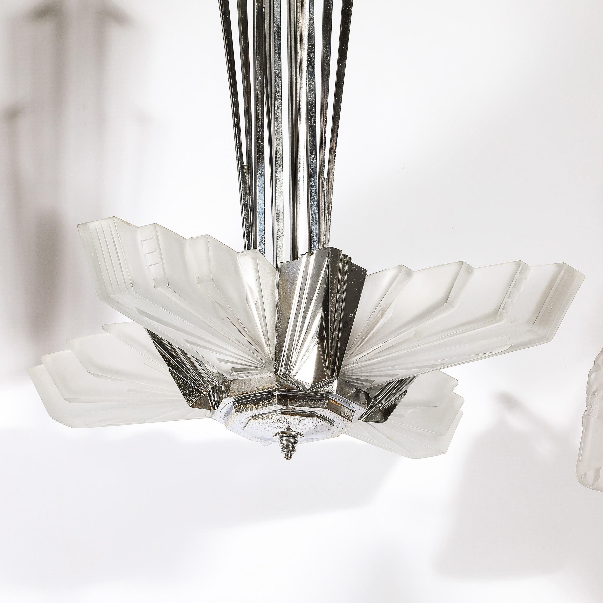 Art Deco Cubist Skyscraper Glass & Nickeled Bronze Chandelier signed Petitot 5