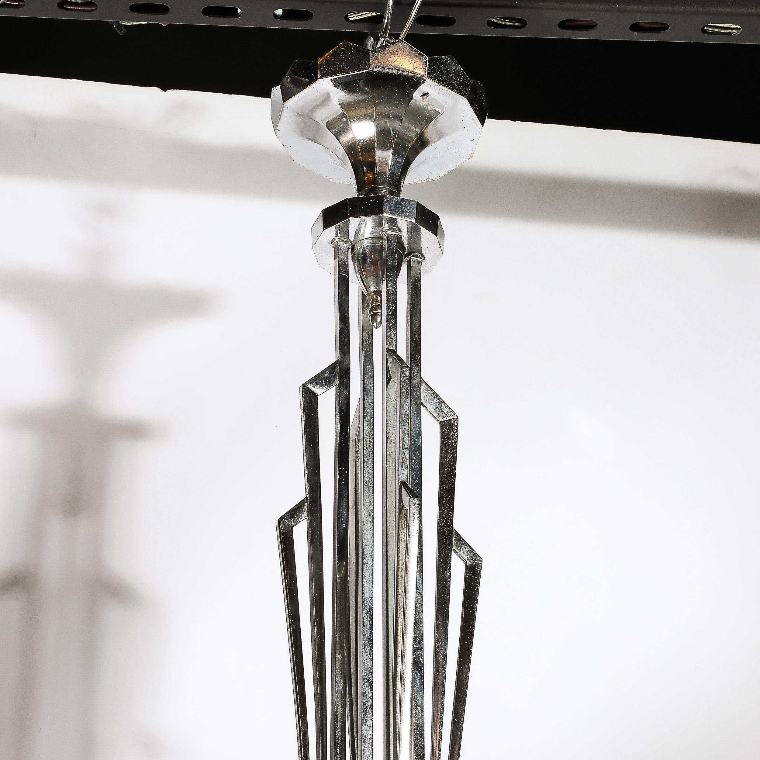 Art Deco Cubist Skyscraper Glass & Nickeled Bronze Chandelier signed Petitot 6
