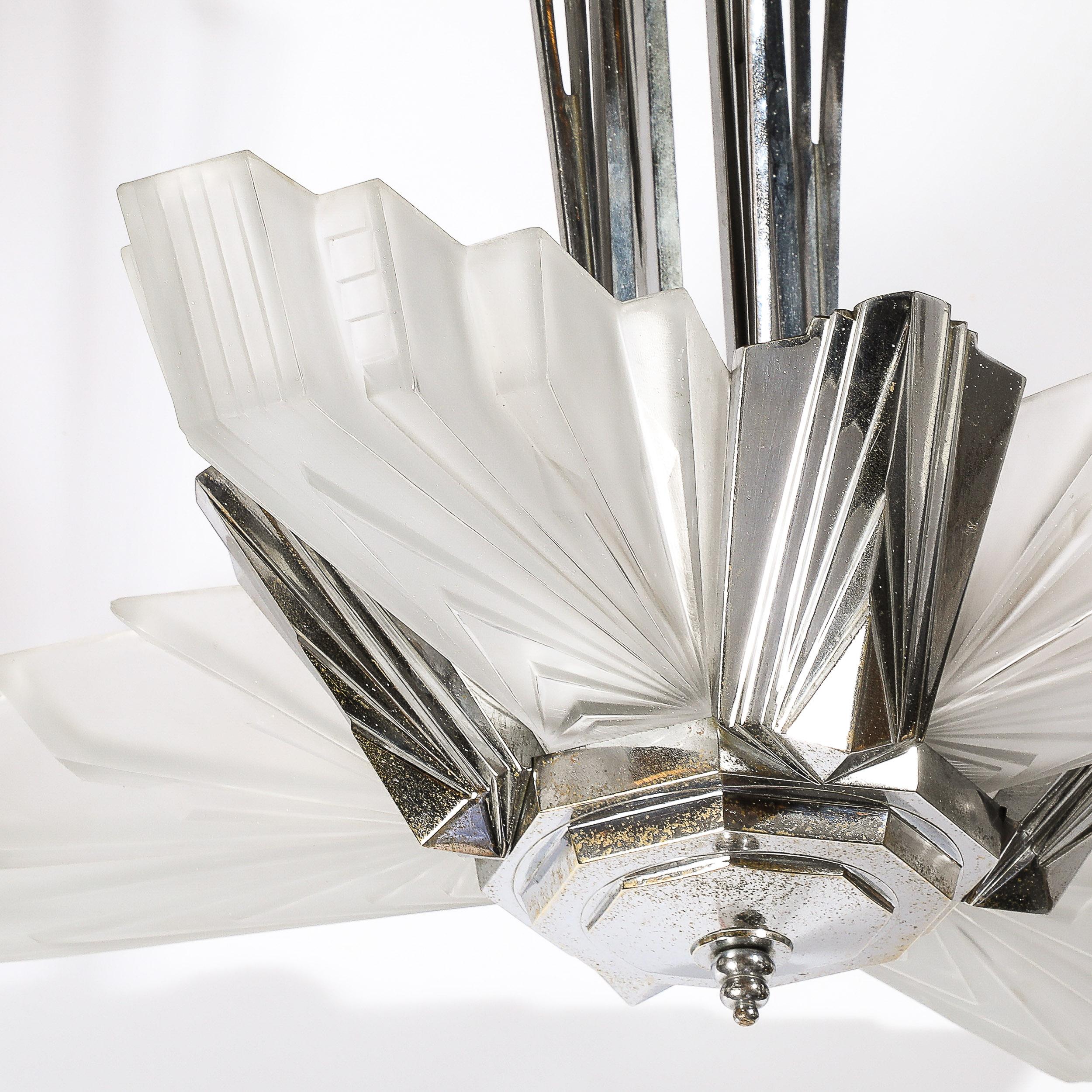 Art Deco Cubist Skyscraper Glass & Nickeled Bronze Chandelier signed Petitot 7