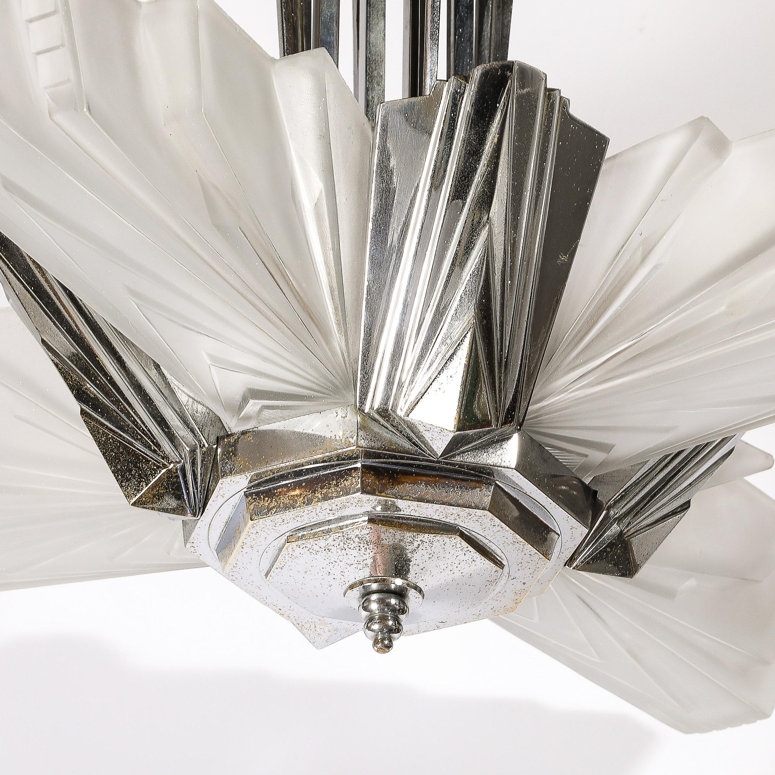 Art Deco Cubist Skyscraper Glass & Nickeled Bronze Chandelier signed Petitot 9