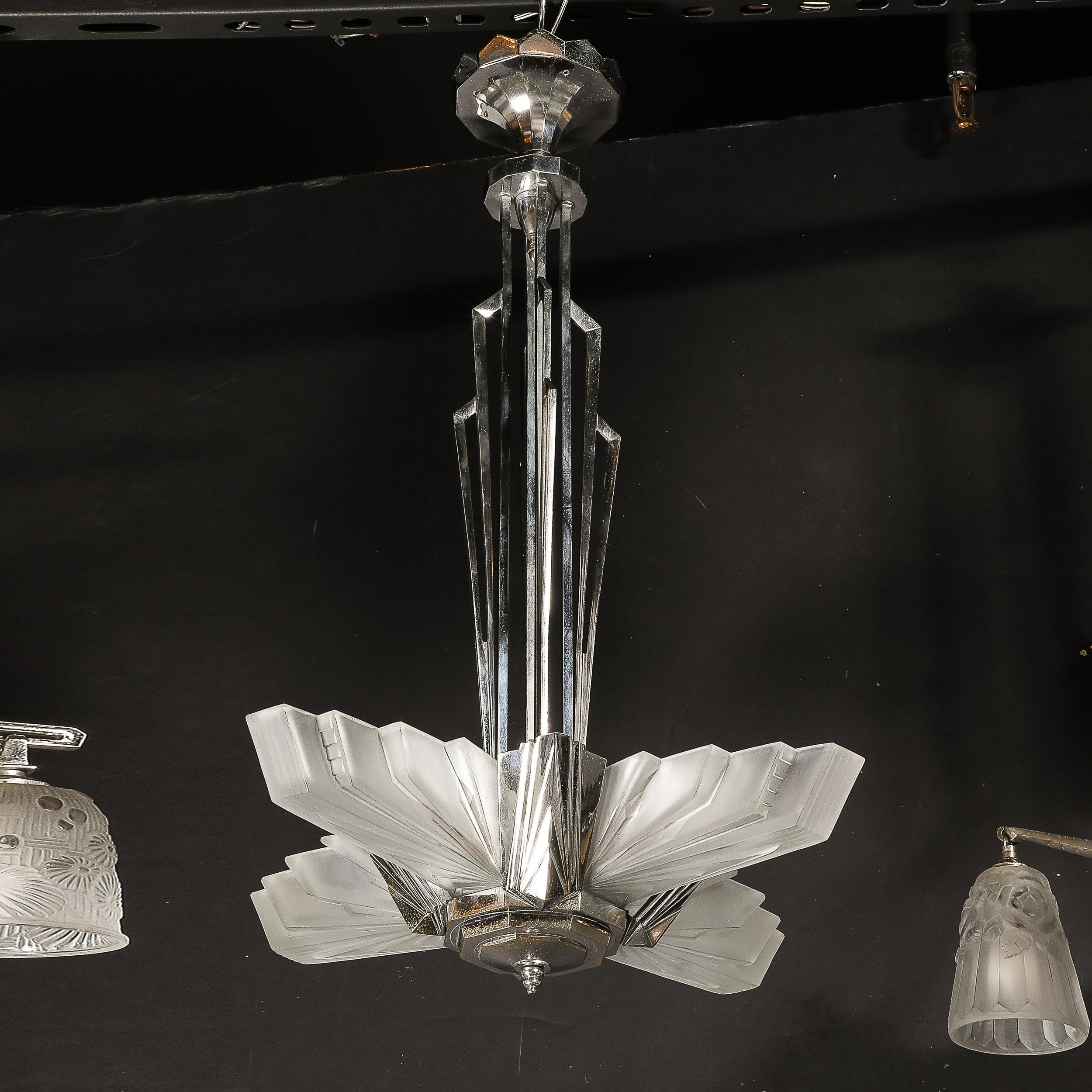 Art Deco Cubist Skyscraper Glass & Nickeled Bronze Chandelier signed Petitot 10