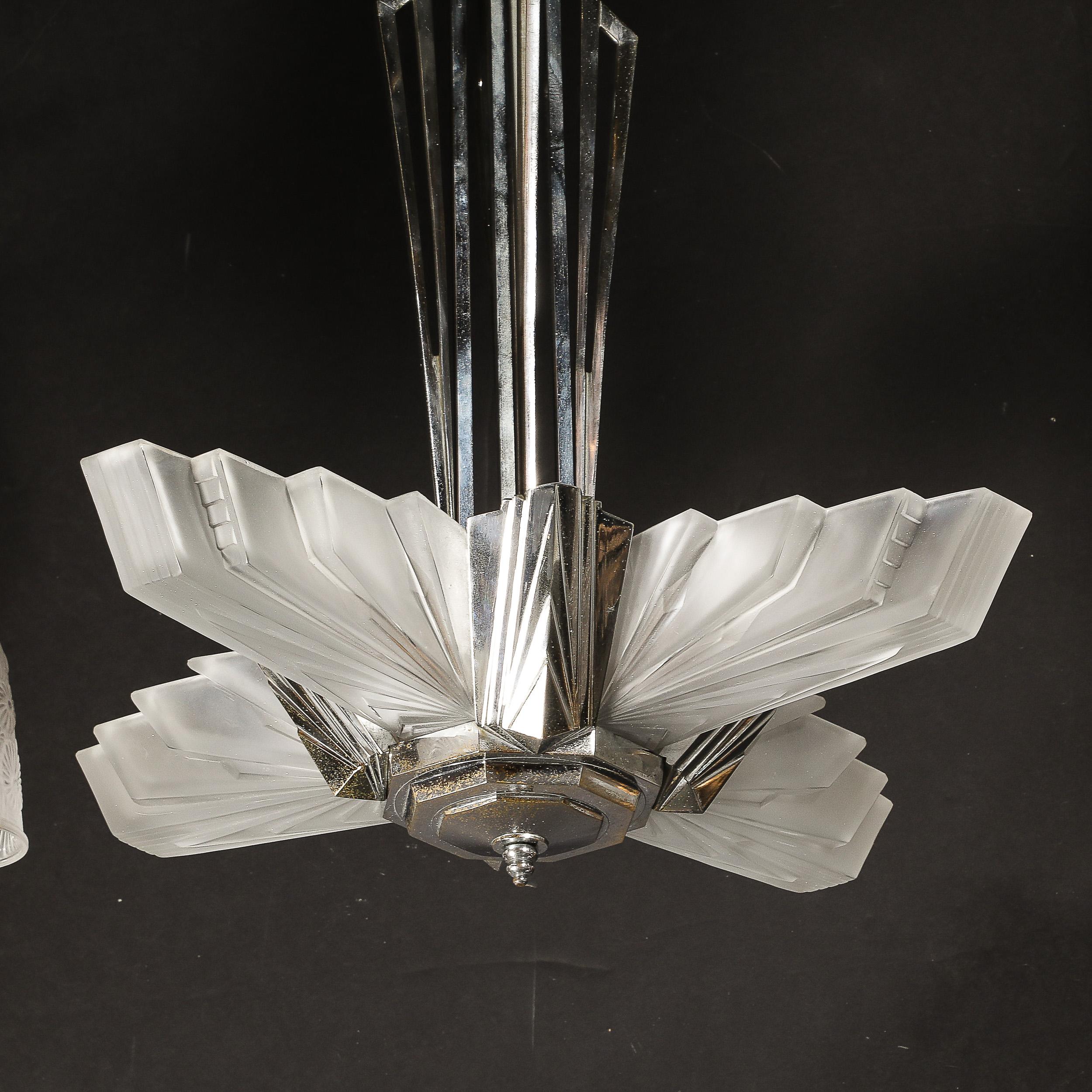 Art Deco Cubist Skyscraper Glass & Nickeled Bronze Chandelier signed Petitot 11