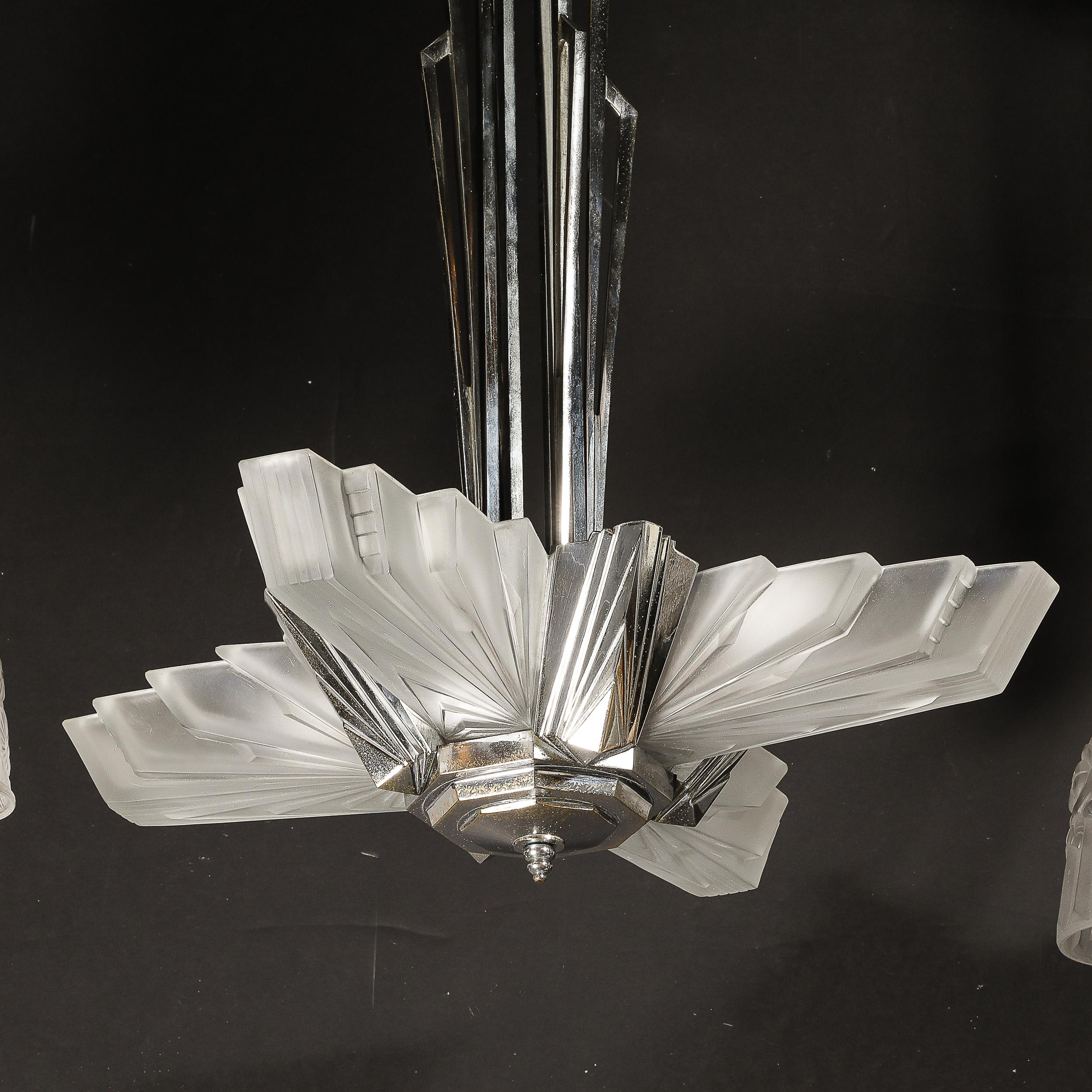 Art Deco Cubist Skyscraper Glass & Nickeled Bronze Chandelier signed Petitot 12