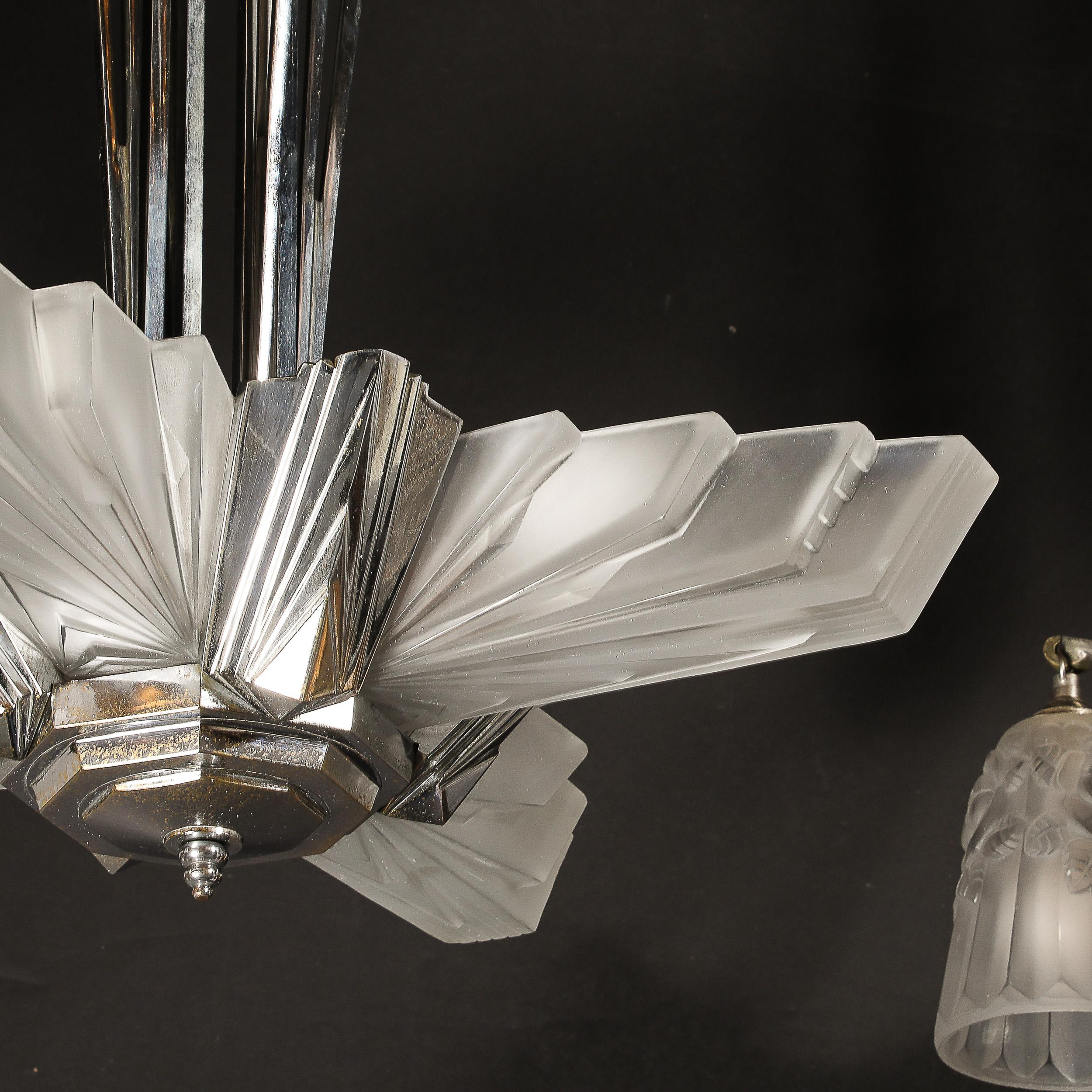 Art Deco Cubist Skyscraper Glass & Nickeled Bronze Chandelier signed Petitot 13