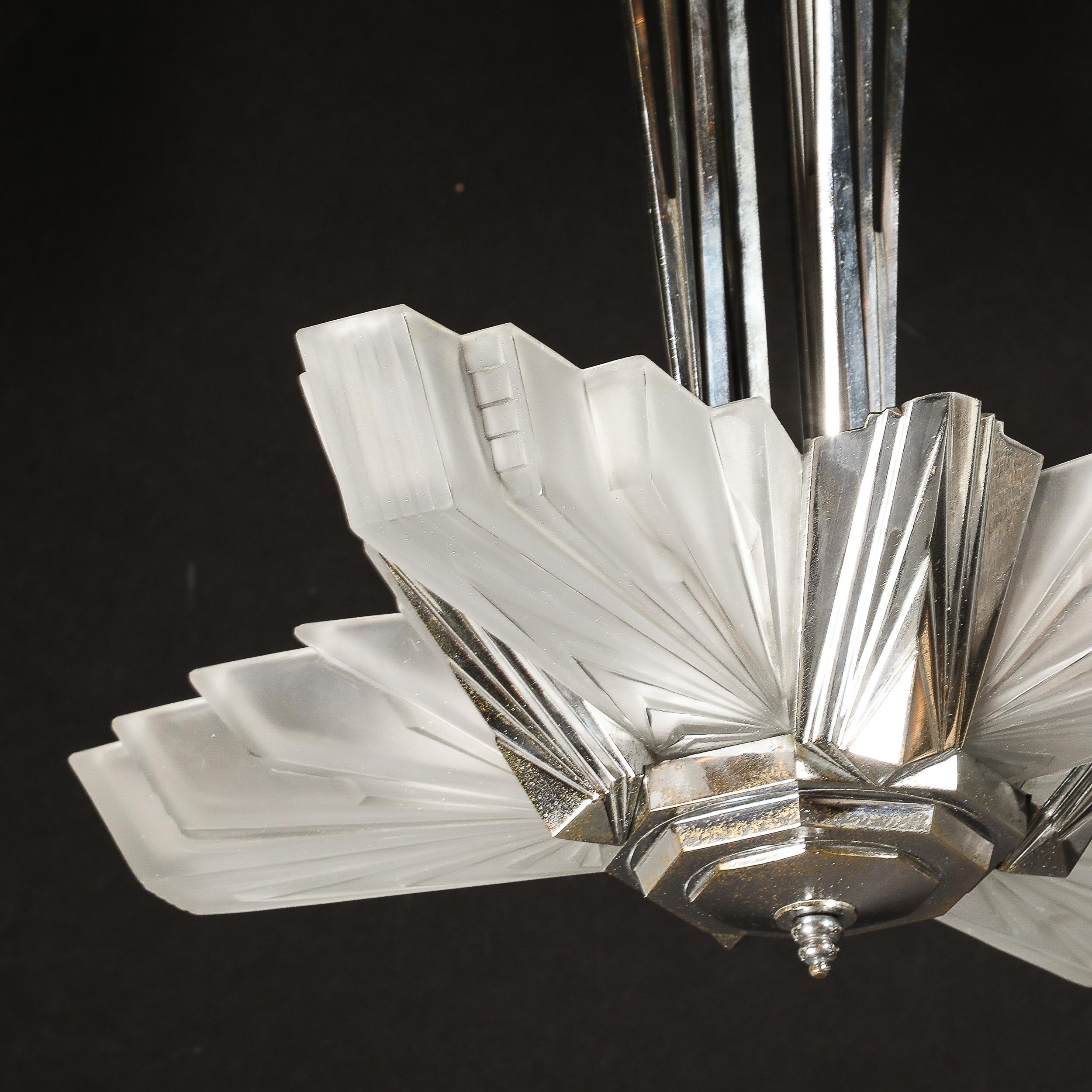 Art Deco Cubist Skyscraper Glass & Nickeled Bronze Chandelier signed Petitot 14