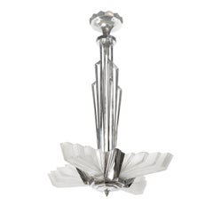 Art Deco Cubist Skyscraper Glass & Nickeled Bronze Chandelier signed Petitot