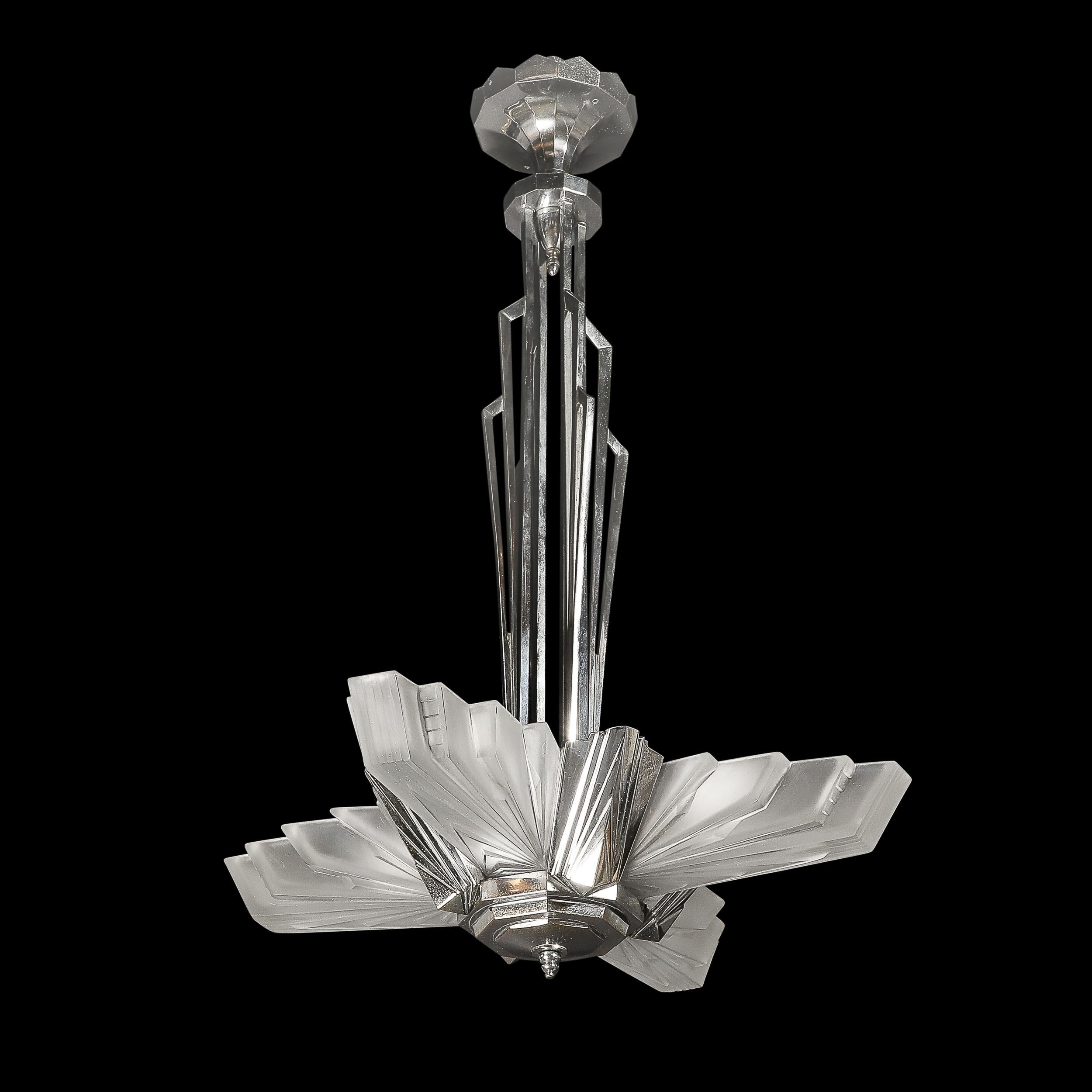 French Art Deco Cubist Skyscraper Glass & Nickeled Bronze Chandelier signed Petitot