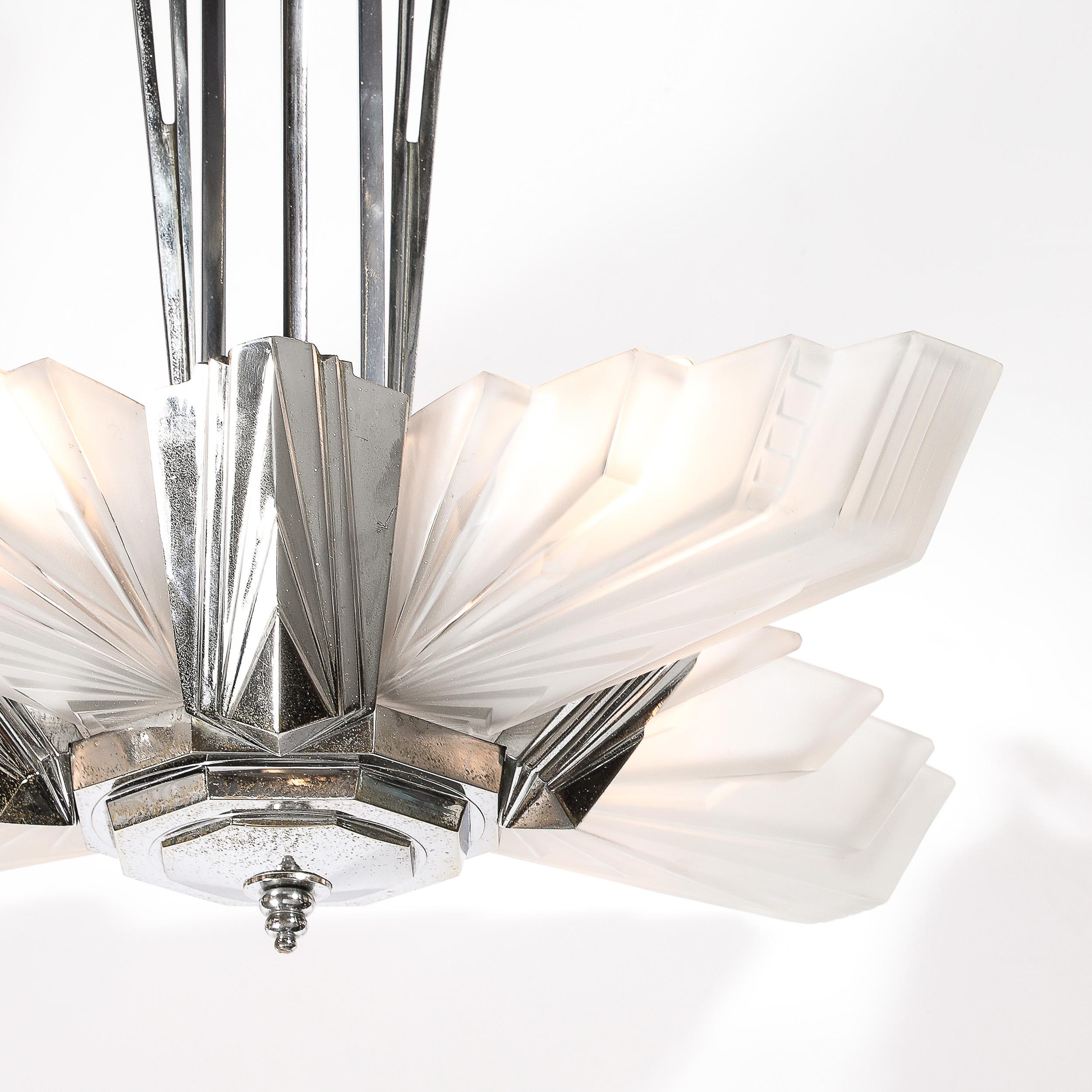 Art Deco Cubist Skyscraper Glass & Nickeled Bronze Chandelier signed Petitot In Excellent Condition In New York, NY