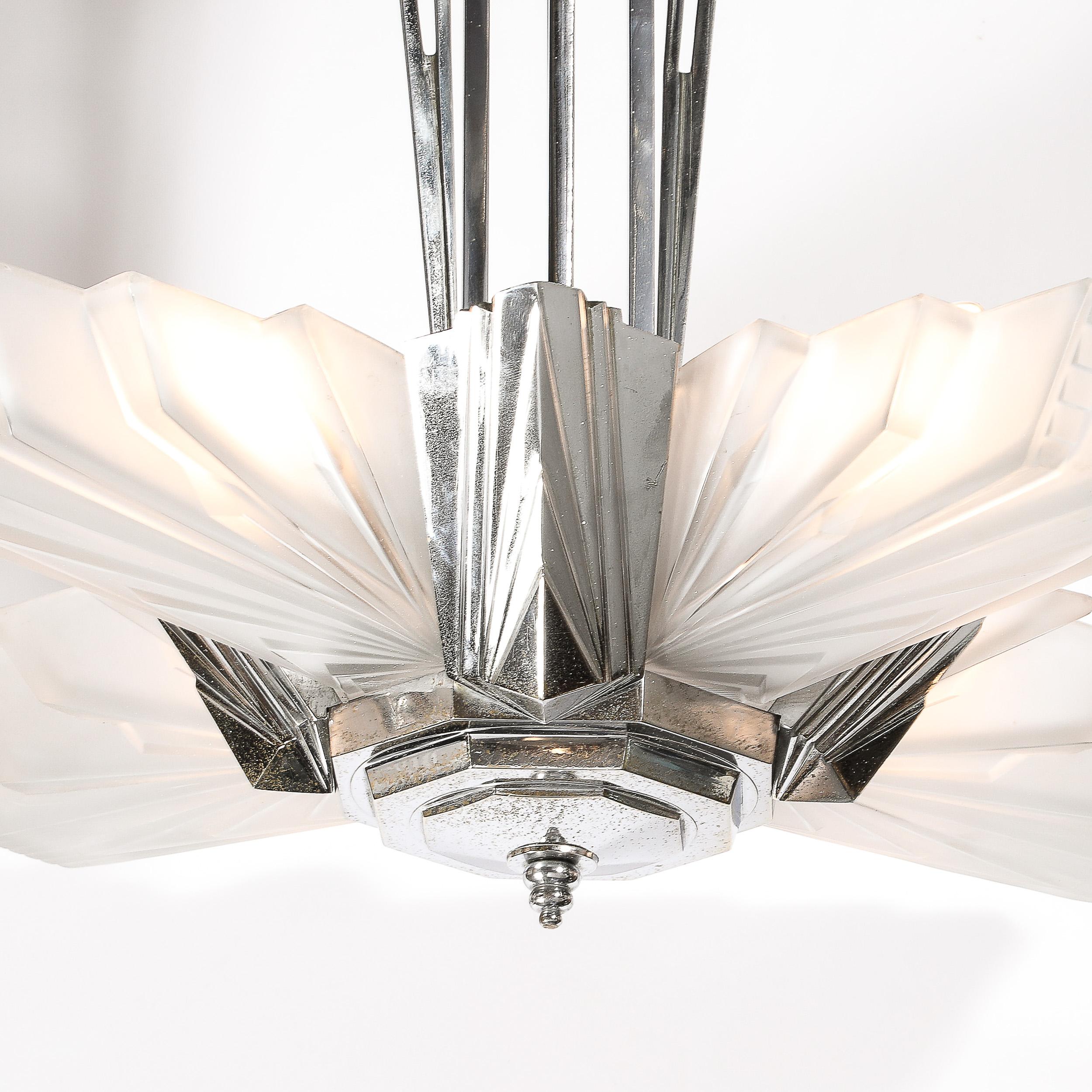 Mid-20th Century Art Deco Cubist Skyscraper Glass & Nickeled Bronze Chandelier signed Petitot