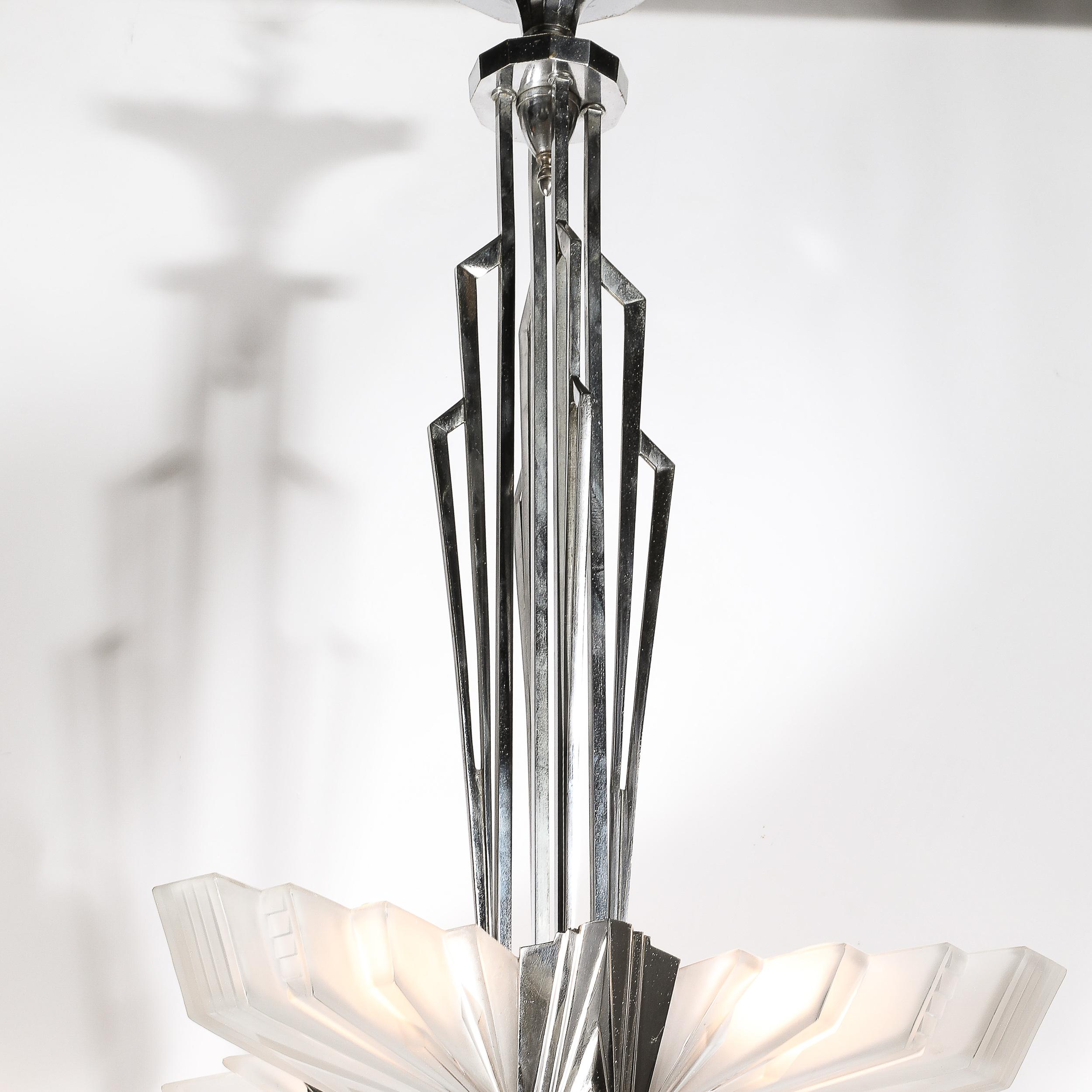 Art Deco Cubist Skyscraper Glass & Nickeled Bronze Chandelier signed Petitot 1