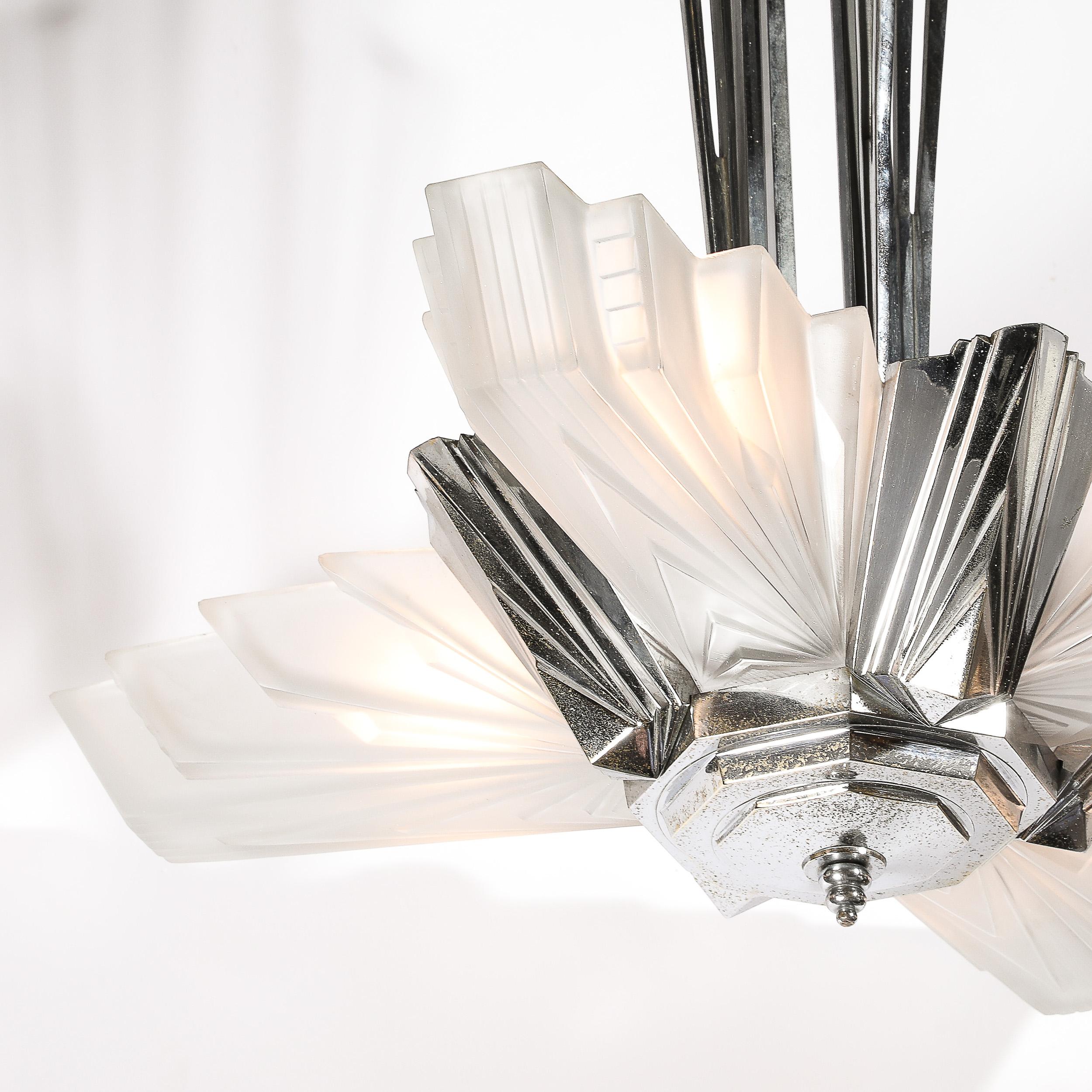 Art Deco Cubist Skyscraper Glass & Nickeled Bronze Chandelier signed Petitot 3