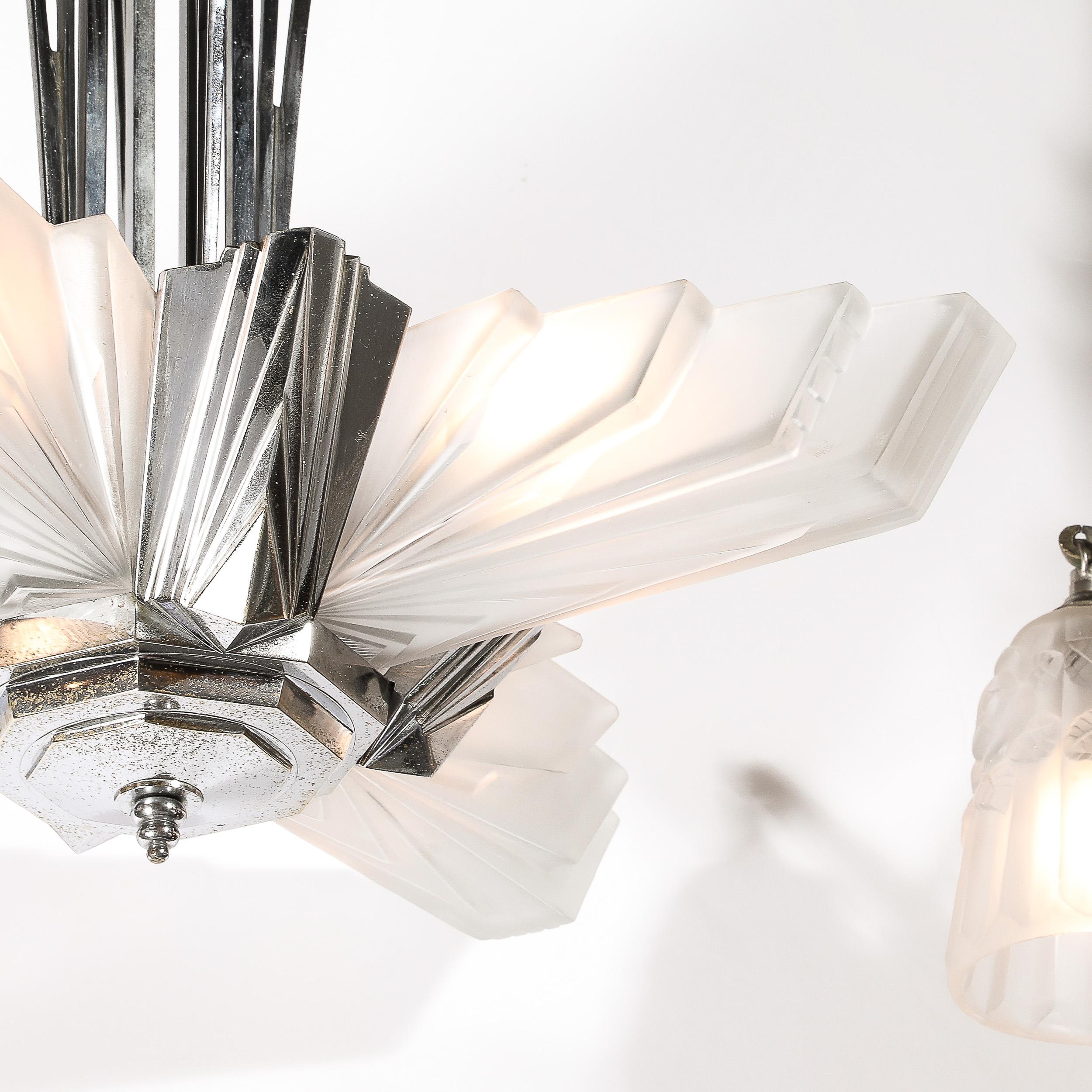 Art Deco Cubist Skyscraper Glass & Nickeled Bronze Chandelier signed Petitot 4