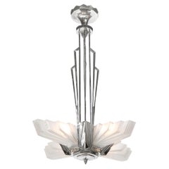 Art Deco Cubist Skyscraper Glass & Nickeled Bronze Chandelier signed Petitot