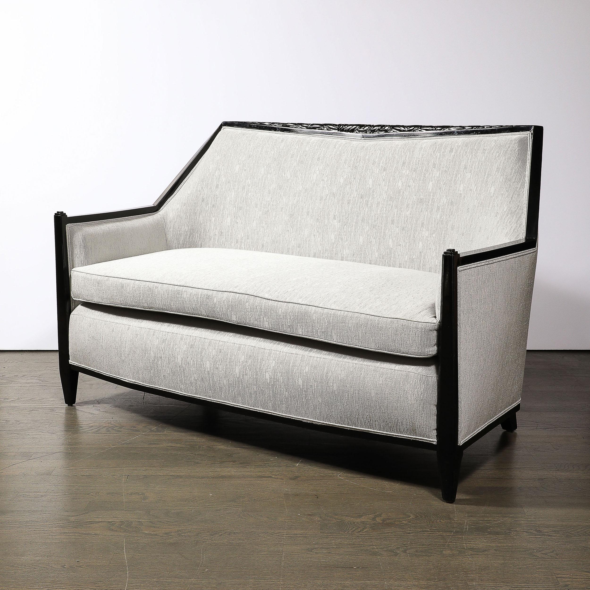 This exquisitely designed and fabricated Art Deco Cubist Skyscraper Style Settee in Black Lacquer W/Holly Hunt Upholstery in the Manner of Ruhlmann originates from France, Circa 1930. The piece features a beautifully proportioned geometric