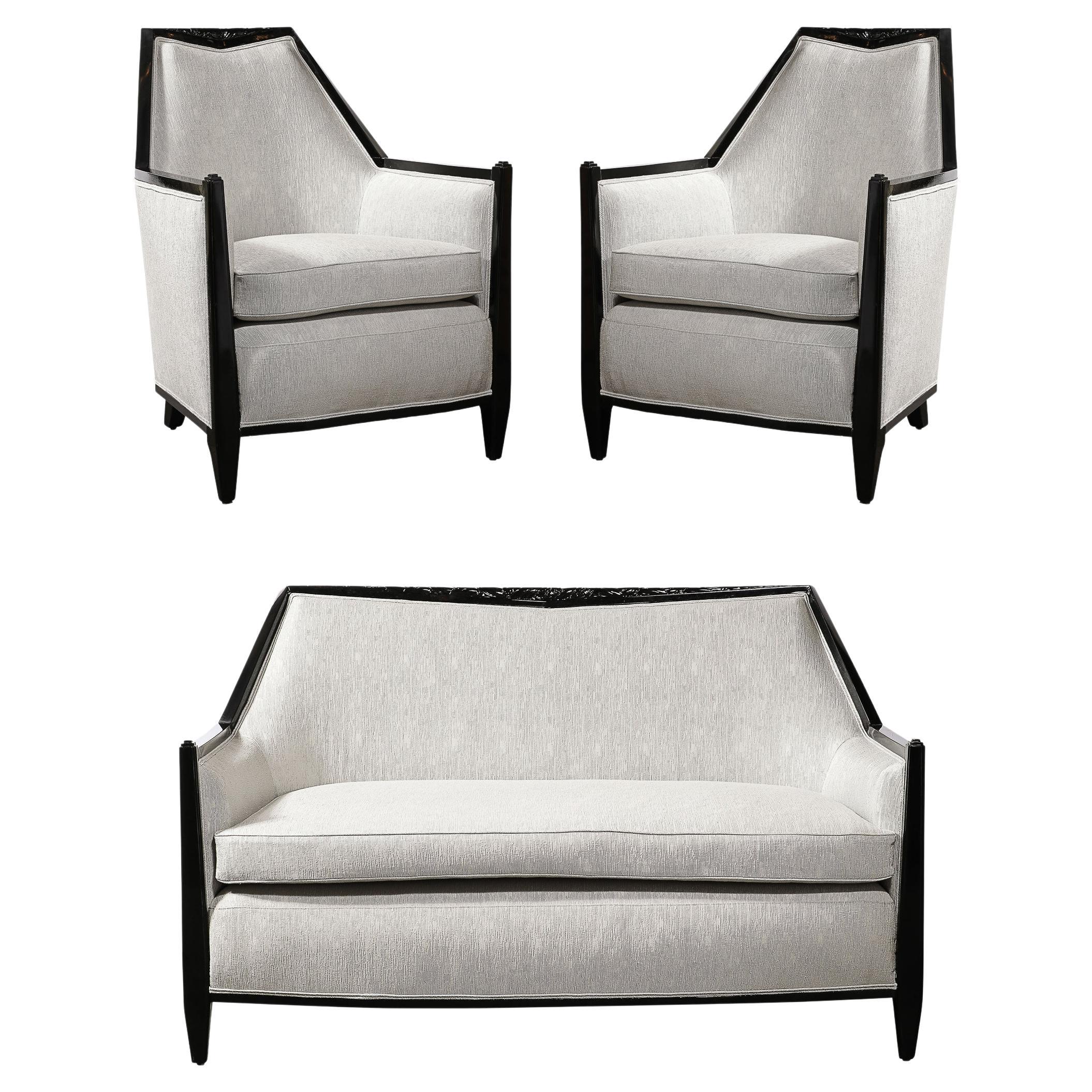 Art Deco Cubist Skyscraper Style Settee & Lounge Chair Set in Manner of Ruhlmann For Sale