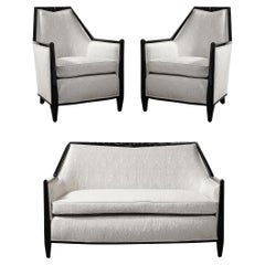 Vintage Art Deco Cubist Skyscraper Style Settee & Lounge Chair Set in Manner of Ruhlmann
