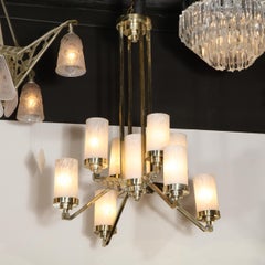 Lampadario Art Deco Cubista in stile grattacielo in bronzo argentato e vetro screziato