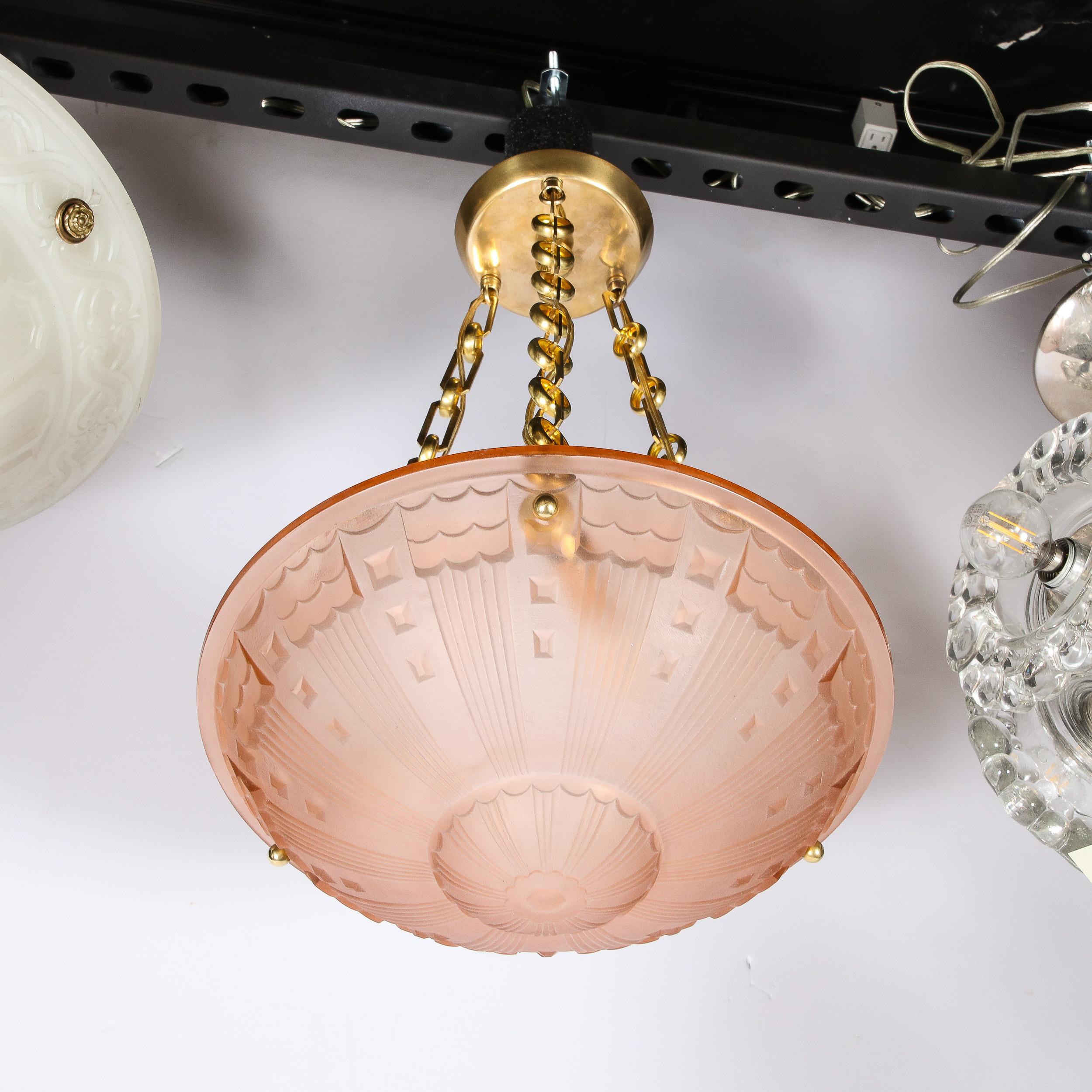 Art Deco Cubist Style Pendant Chandelier in Frosted Rose with Brass Fittings For Sale 8