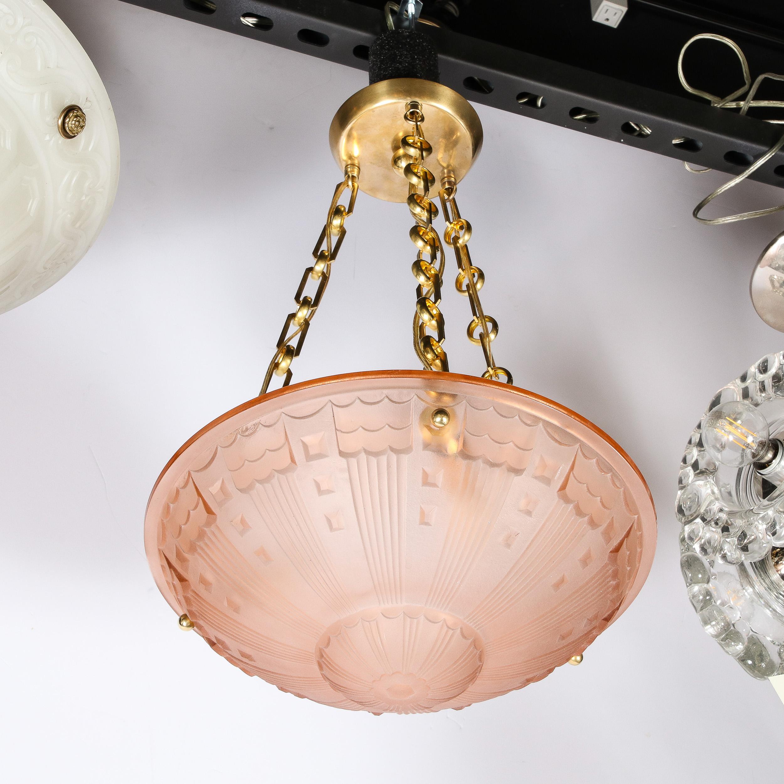 Art Deco Cubist Style Pendant Chandelier in Frosted Rose with Brass Fittings For Sale 11