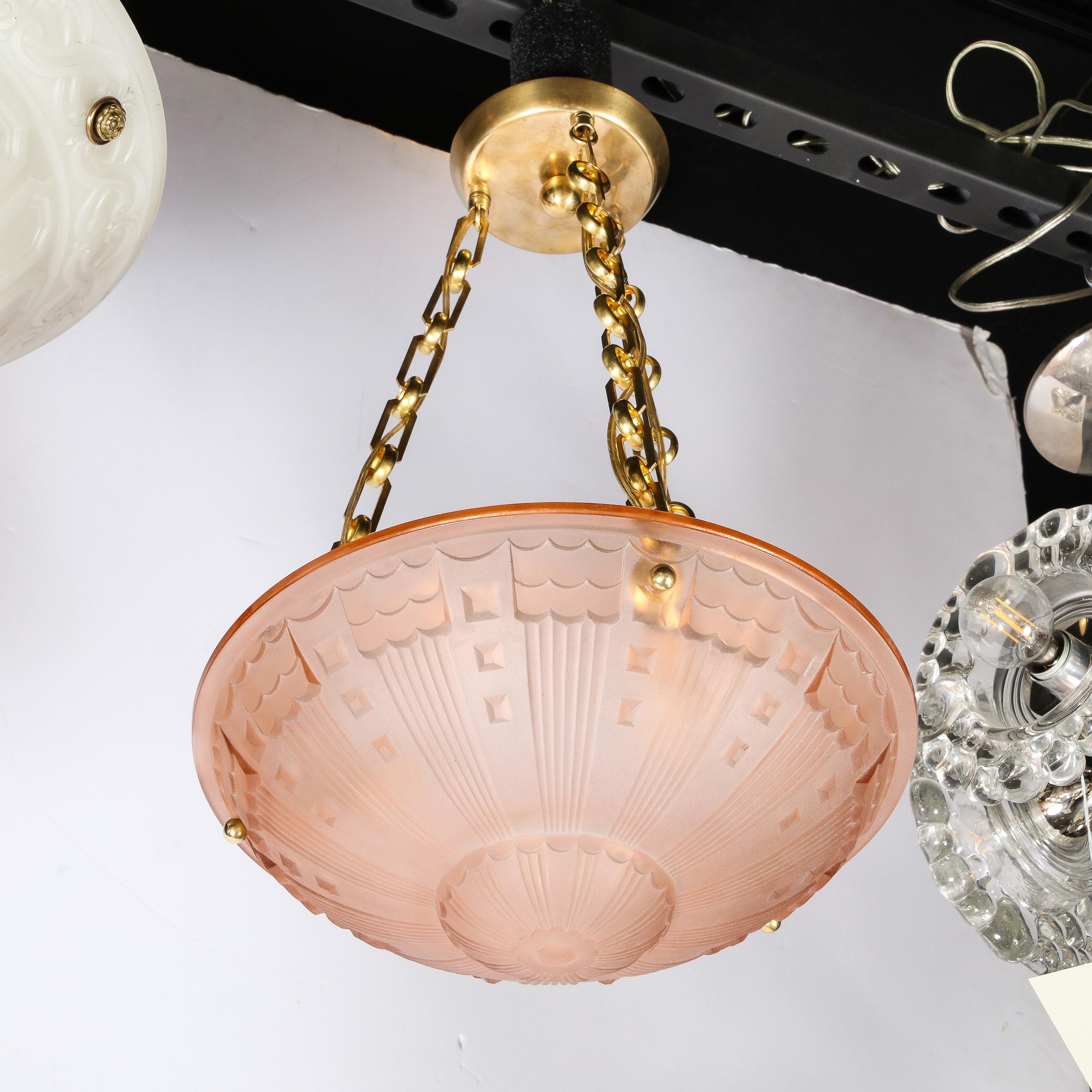 Art Deco Cubist Style Pendant Chandelier in Frosted Rose with Brass Fittings For Sale 12