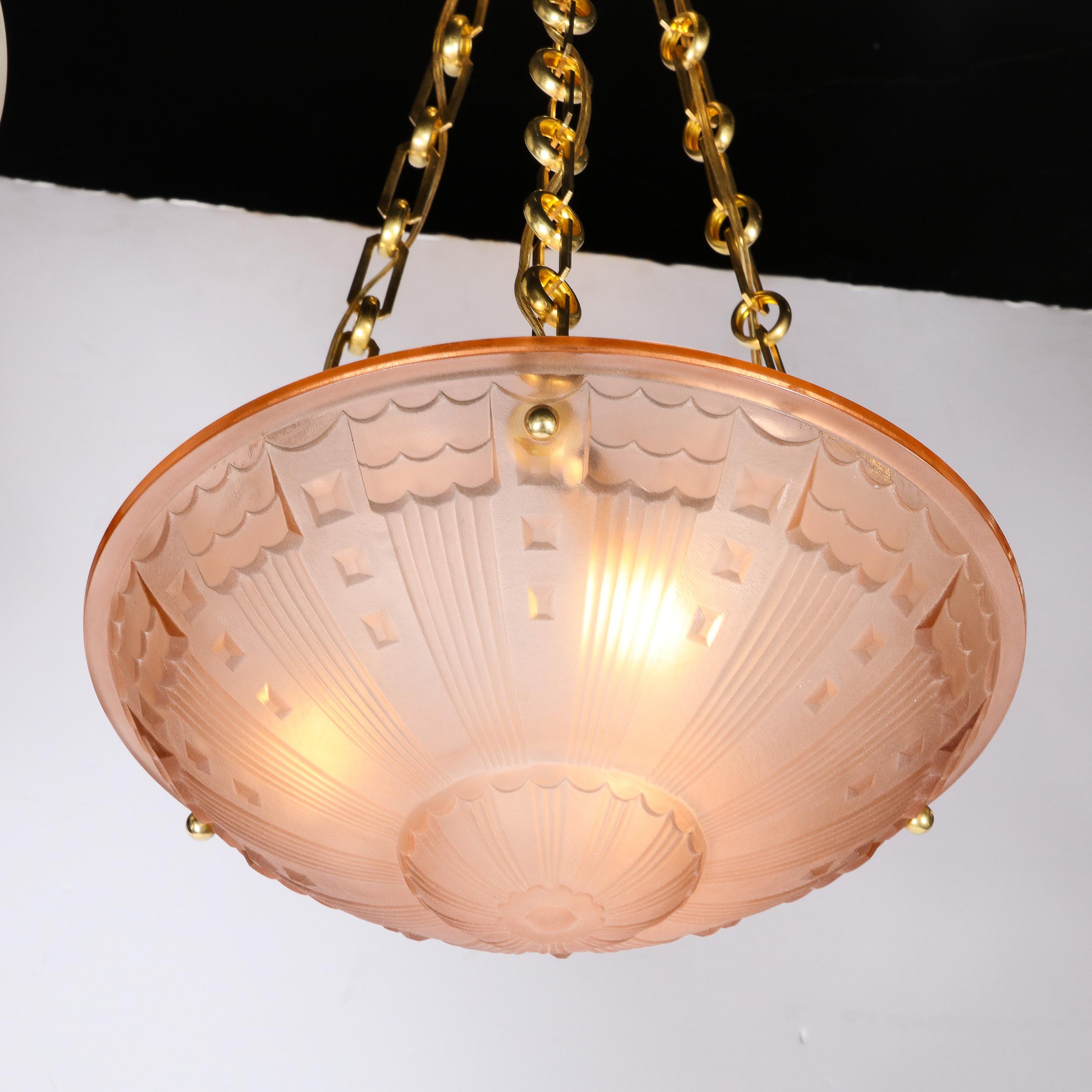 Art Deco Cubist Style Pendant Chandelier in Frosted Rose with Brass Fittings In Excellent Condition For Sale In New York, NY