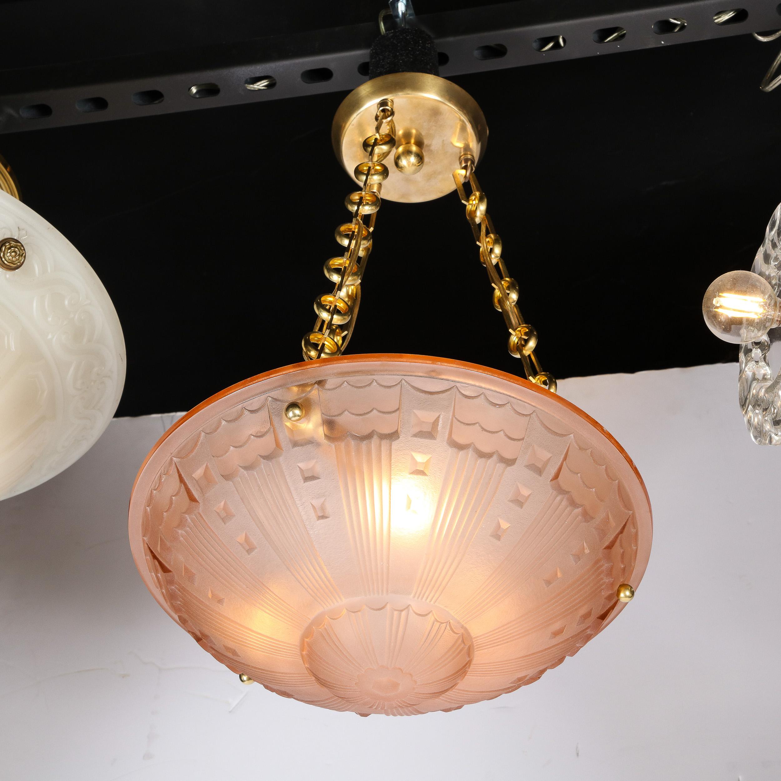 Art Deco Cubist Style Pendant Chandelier in Frosted Rose with Brass Fittings For Sale 4