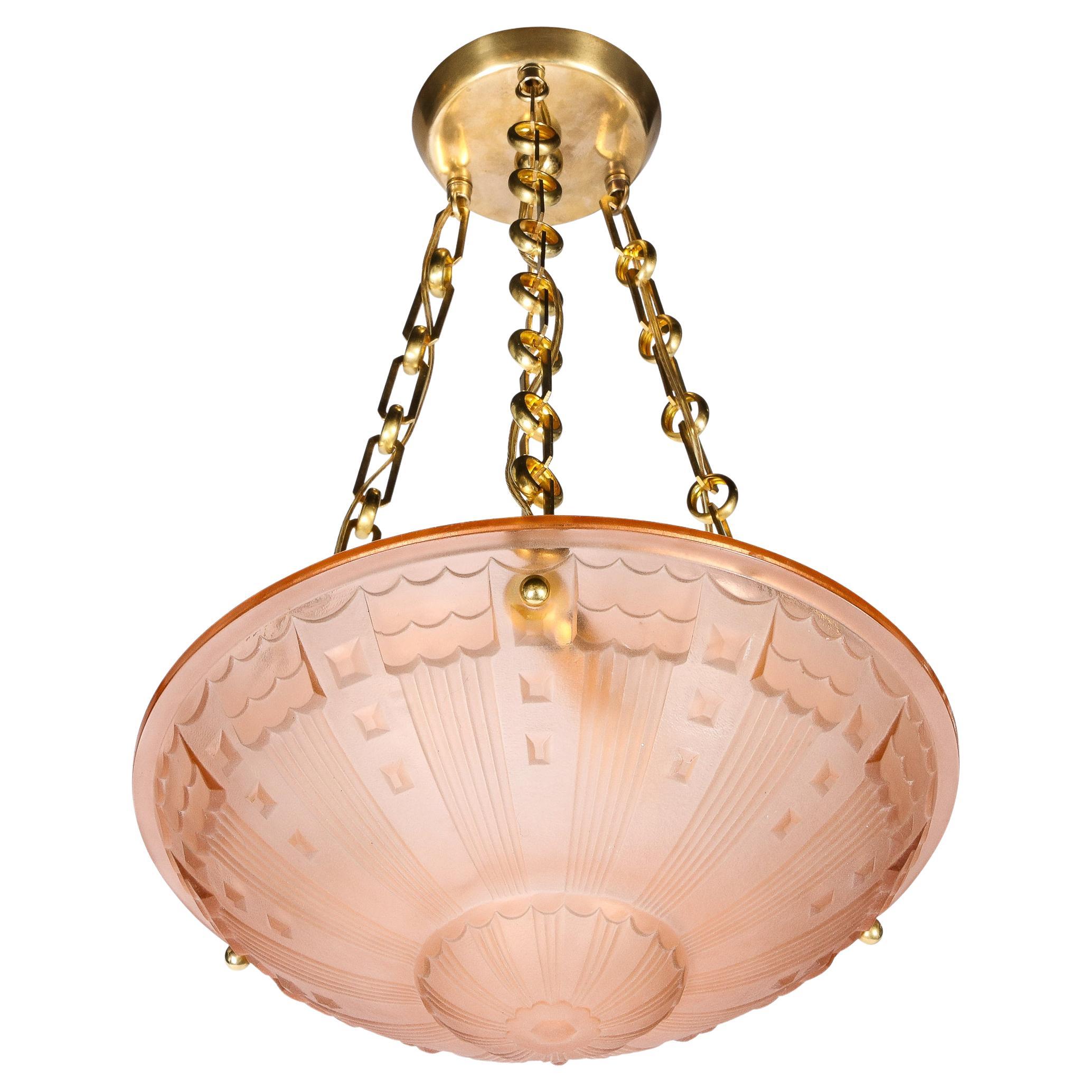Art Deco Cubist Style Pendant Chandelier in Frosted Rose with Brass Fittings For Sale