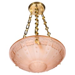 Art Deco Cubist Style Pendant Chandelier in Frosted Rose with Brass Fittings
