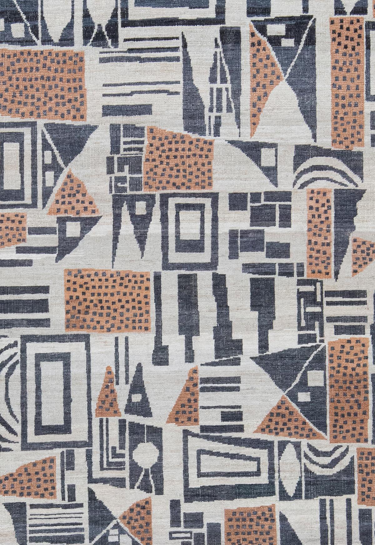 This cubist style Art Deco rug is styled after Zeki Muren, who is a multidisciplinary Turkish artist, known for his bold, geometric, and whimsical designs. The harmonious pairing of color and pattern evokes a melodious feel. This rug features a
