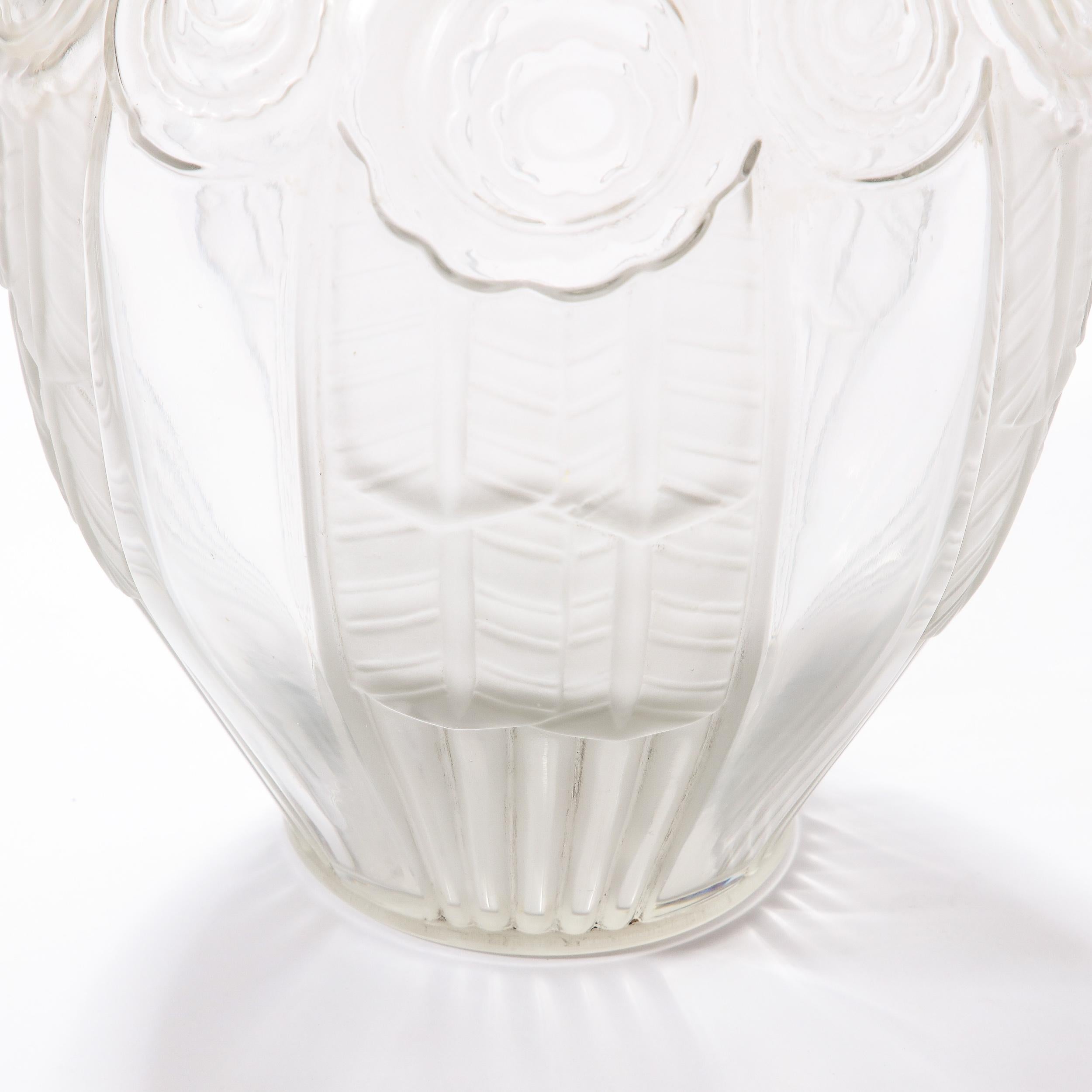 Art Deco Cubist Translucent Glass Vase with Rose Detailing by Andre Hunebelle 3