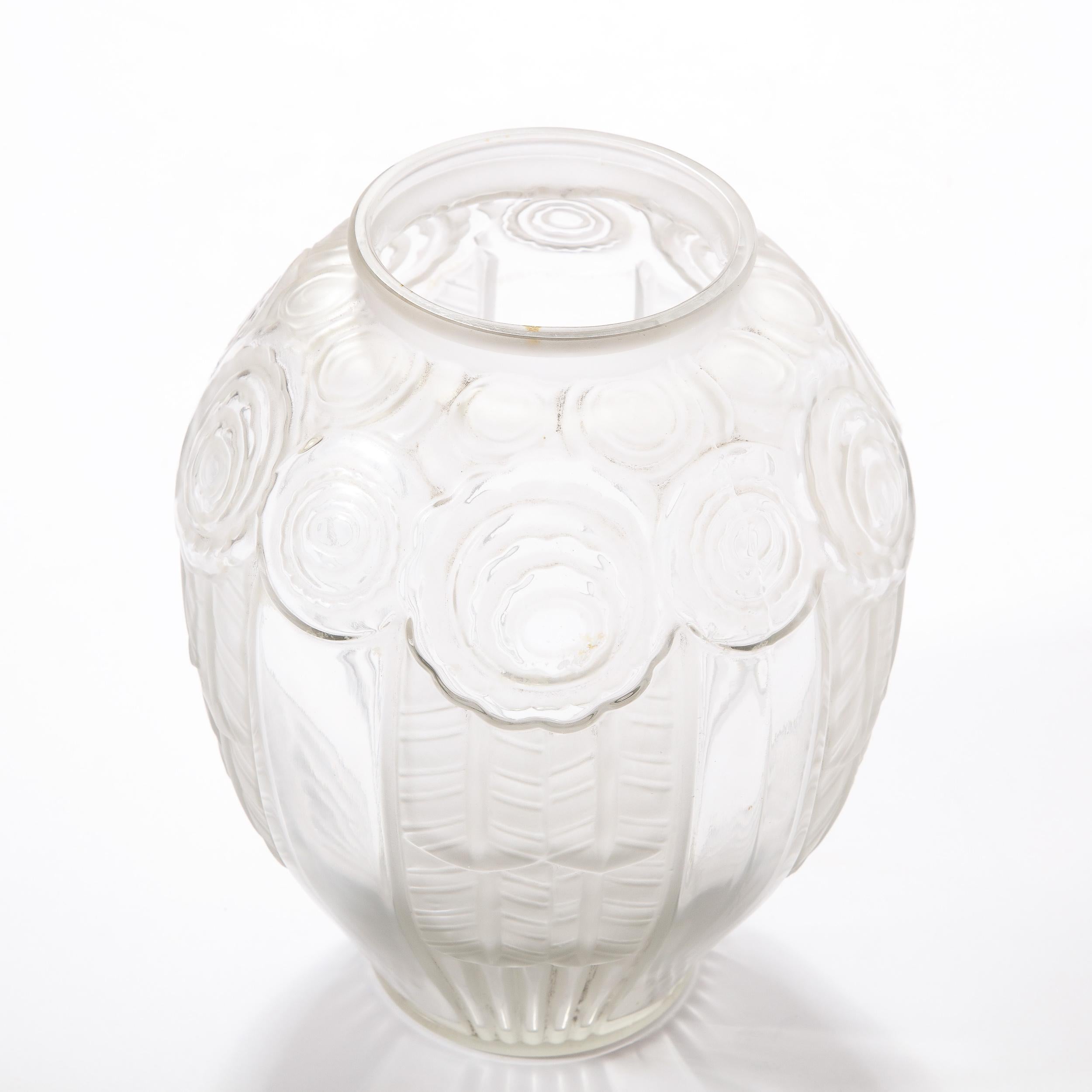 French Art Deco Cubist Translucent Glass Vase with Rose Detailing by Andre Hunebelle