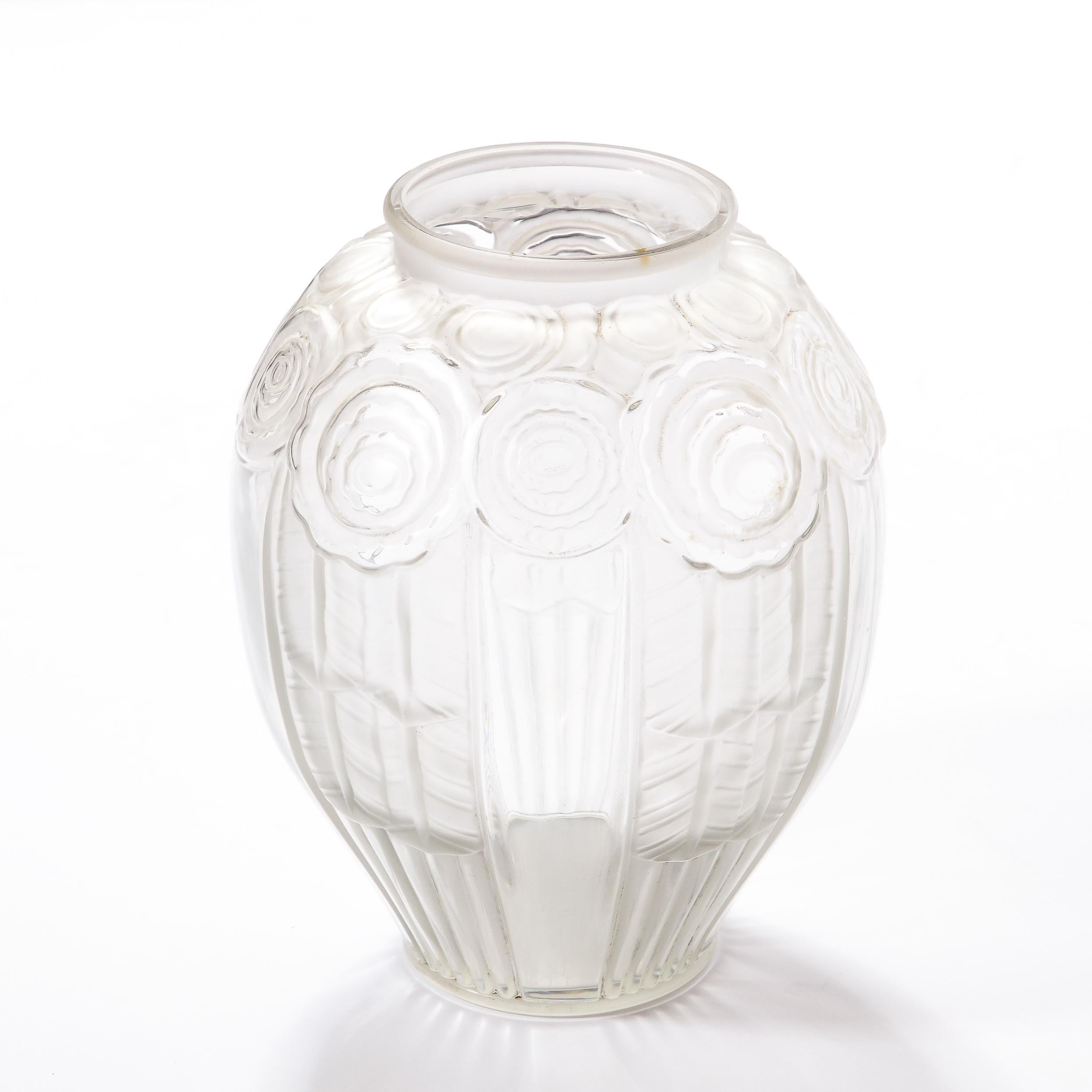 Art Deco Cubist Translucent Glass Vase with Rose Detailing by Andre Hunebelle In Excellent Condition In New York, NY