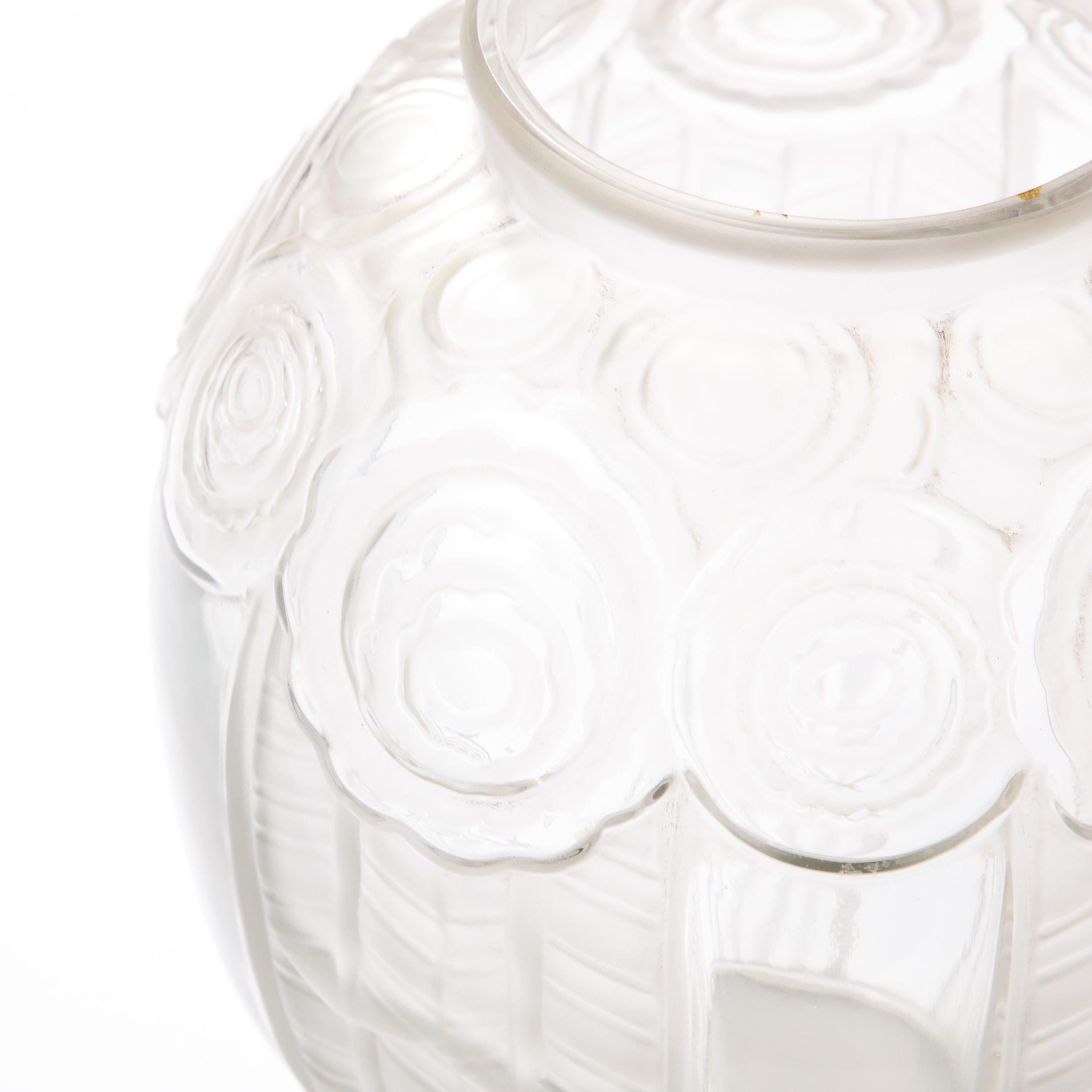 Mid-20th Century Art Deco Cubist Translucent Glass Vase with Rose Detailing by Andre Hunebelle