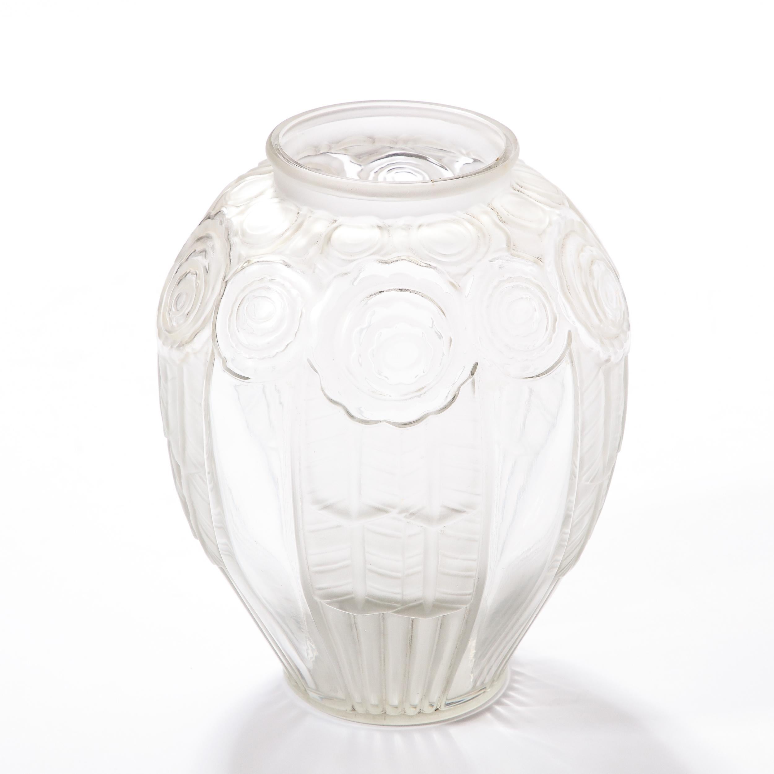 Art Deco Cubist Translucent Glass Vase with Rose Detailing by Andre Hunebelle 2
