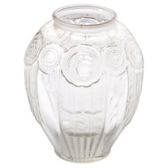 Art Deco Cubist Translucent Glass Vase with Rose Detailing by Andre Hunebelle