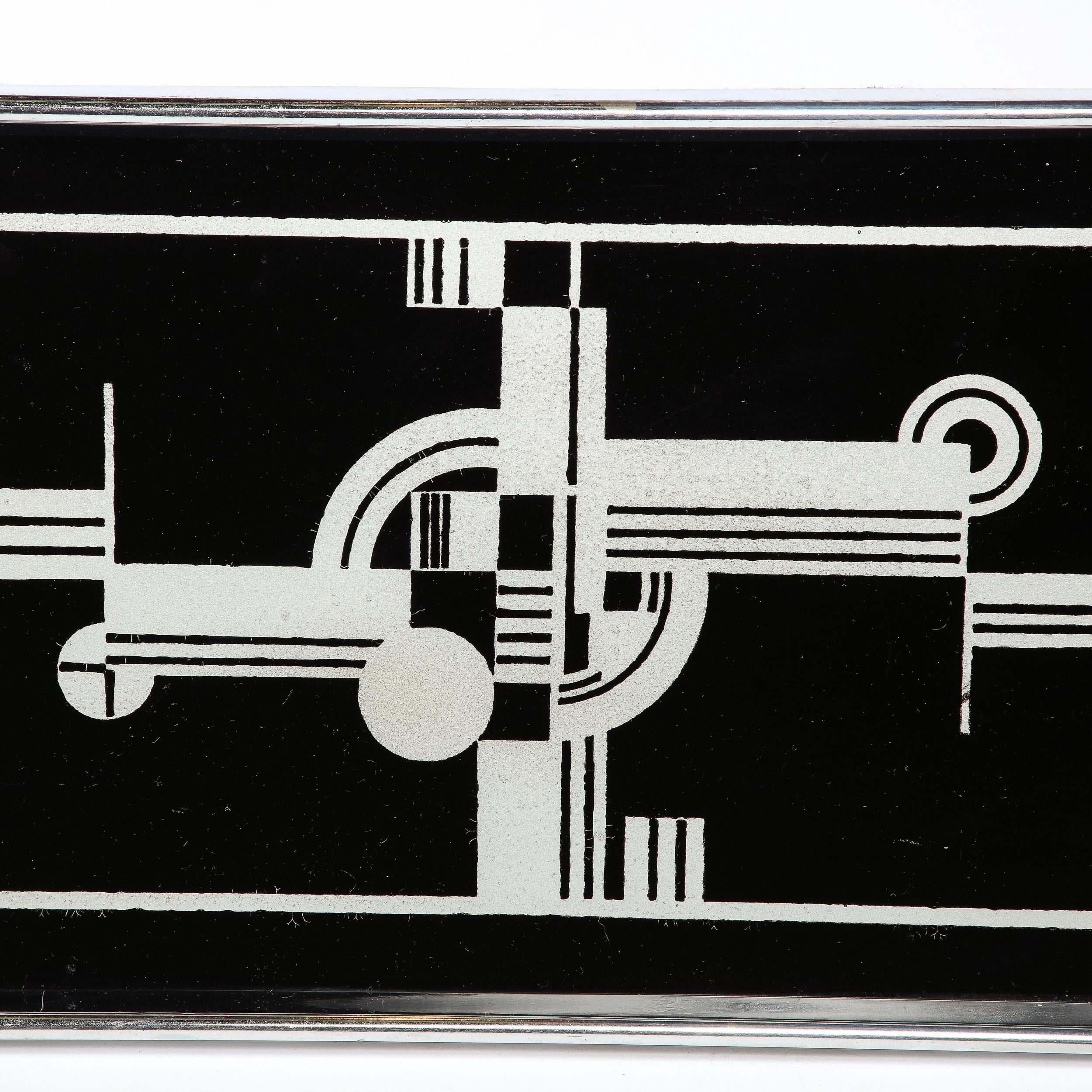 Art Deco Cubist Tray in Chrome w/ Black and Silver Leaf Geometric Design 6