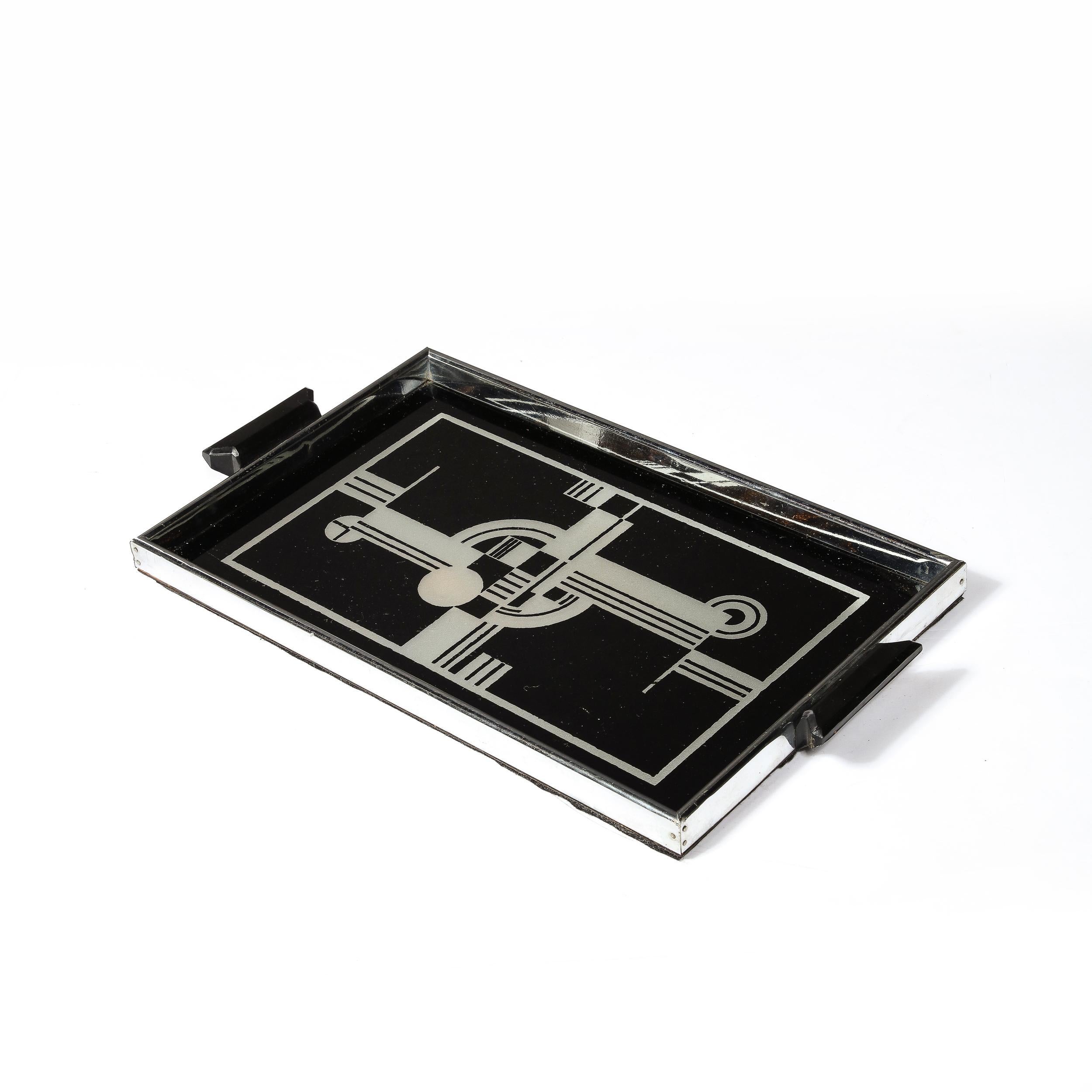 Art Deco Cubist Tray in Chrome w/ Black and Silver Leaf Geometric Design 9