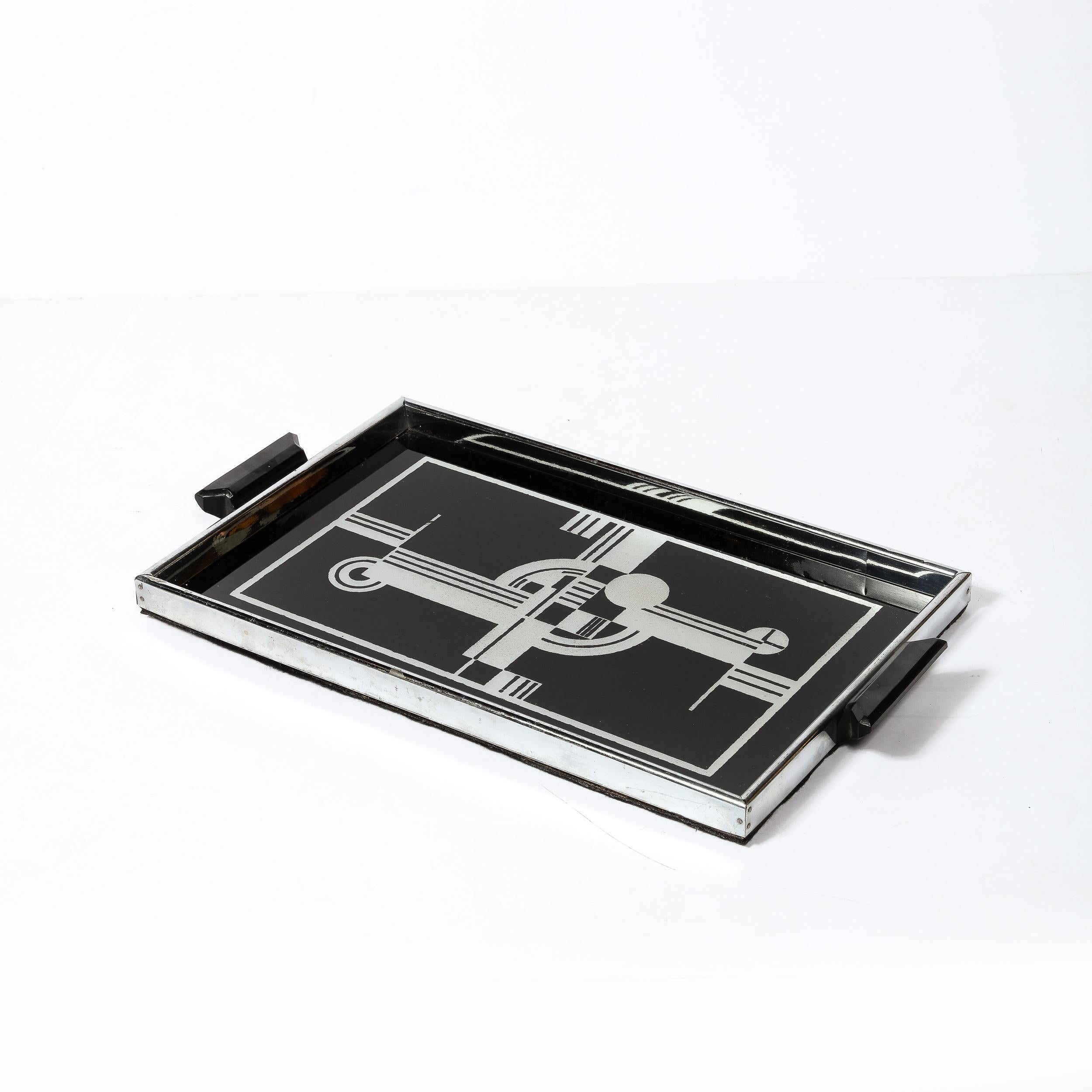 Art Deco Cubist Tray in Chrome w/ Black and Silver Leaf Geometric Design In Good Condition In New York, NY