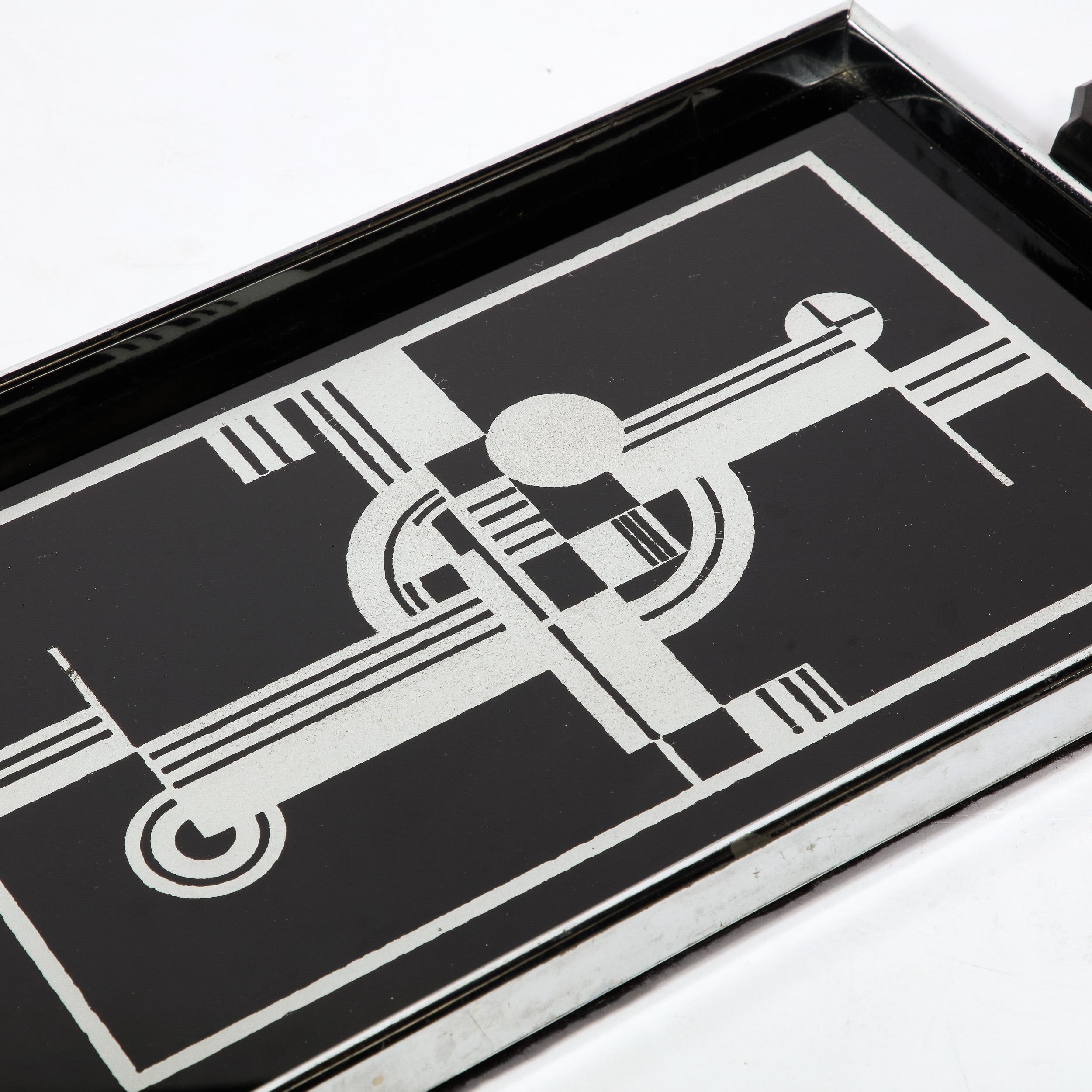 Art Deco Cubist Tray in Chrome w/ Black and Silver Leaf Geometric Design 1