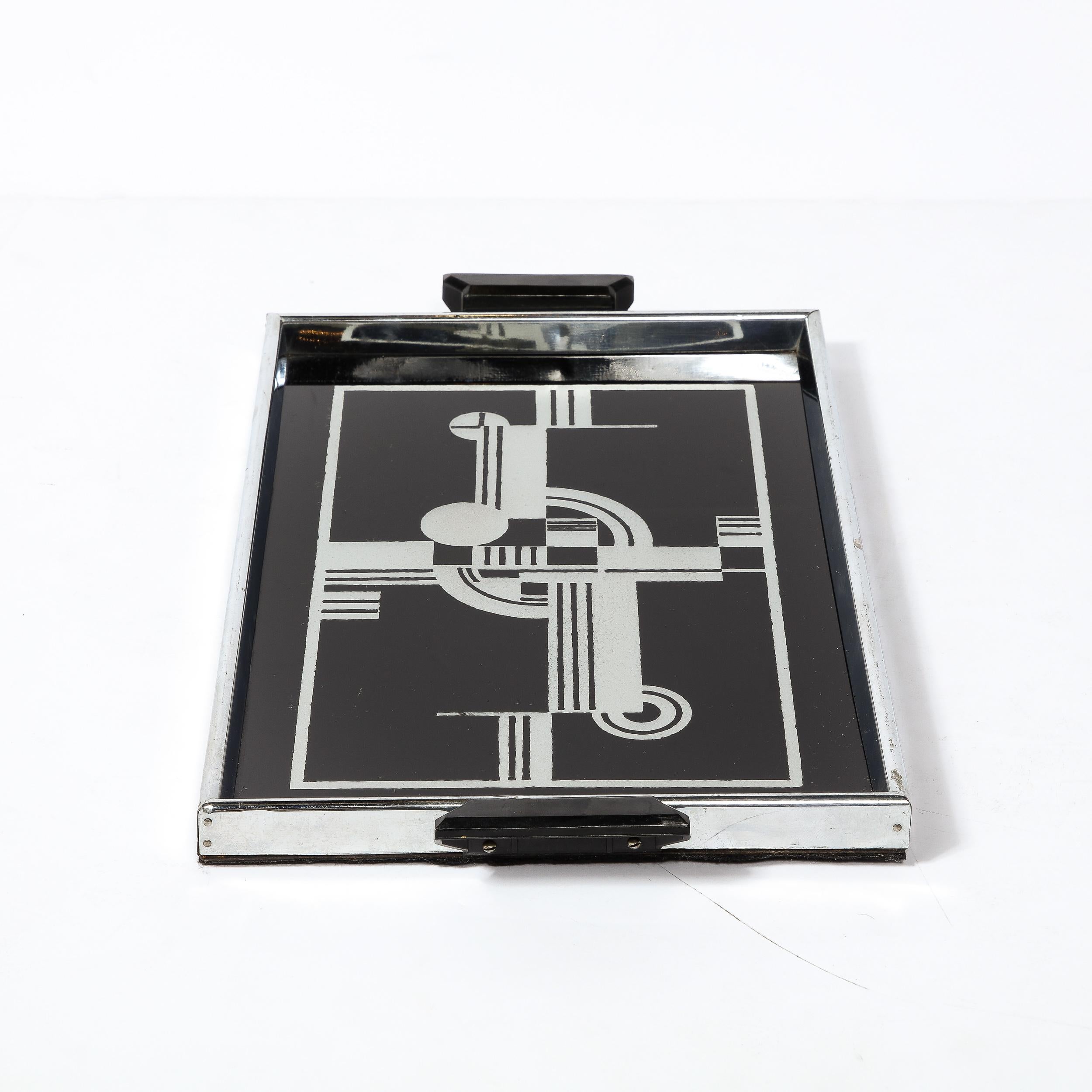 Art Deco Cubist Tray in Chrome w/ Black and Silver Leaf Geometric Design 2