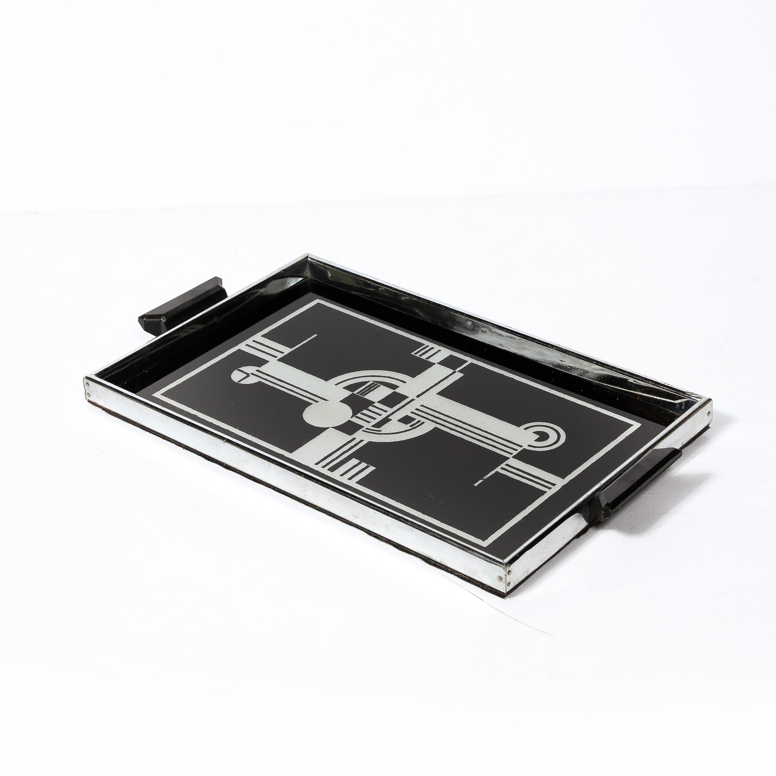 Art Deco Cubist Tray in Chrome w/ Black and Silver Leaf Geometric Design 3