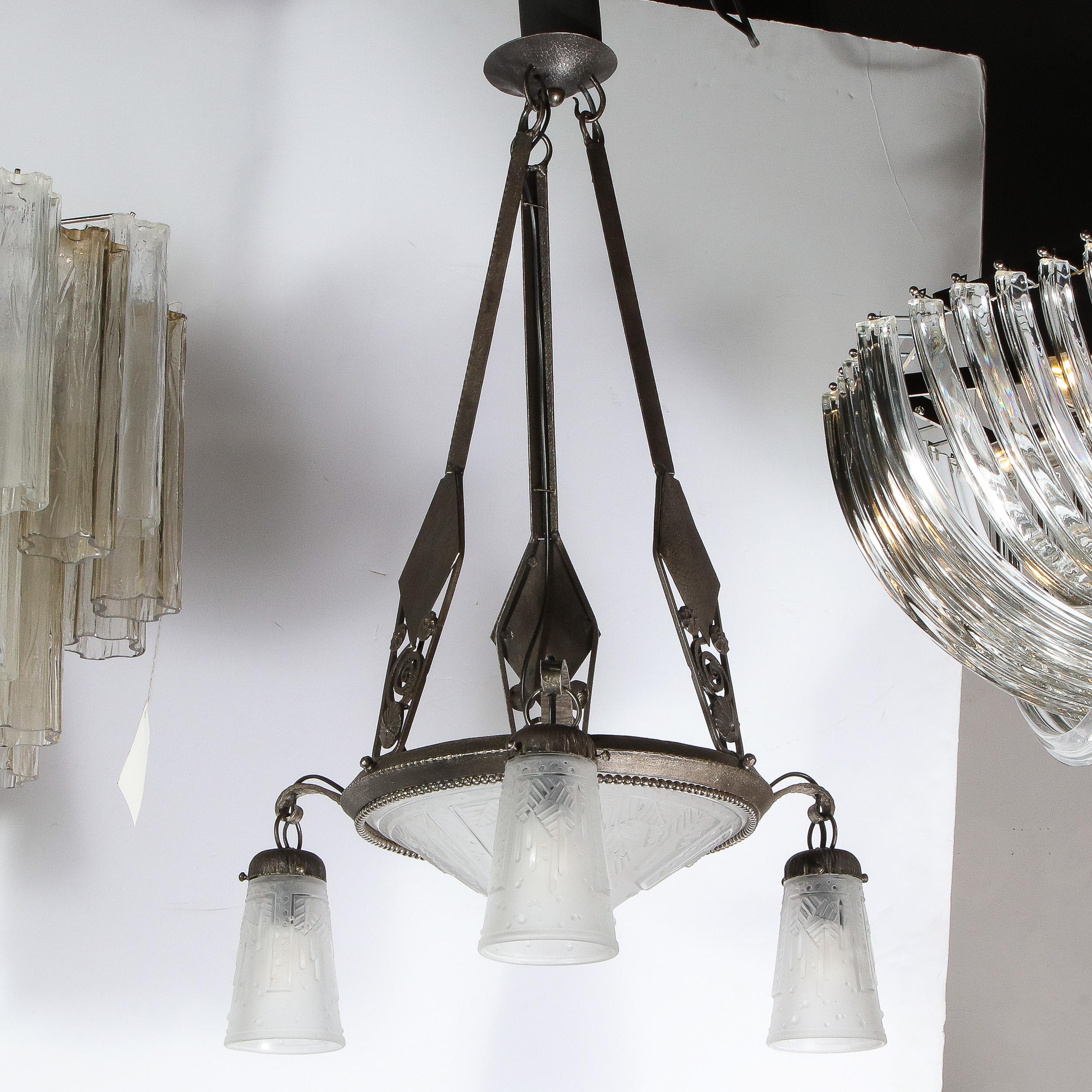 Art Deco Cubist Wrought Iron & Frosted Glass Chandelier, Manner of Edgar Brandt For Sale 7