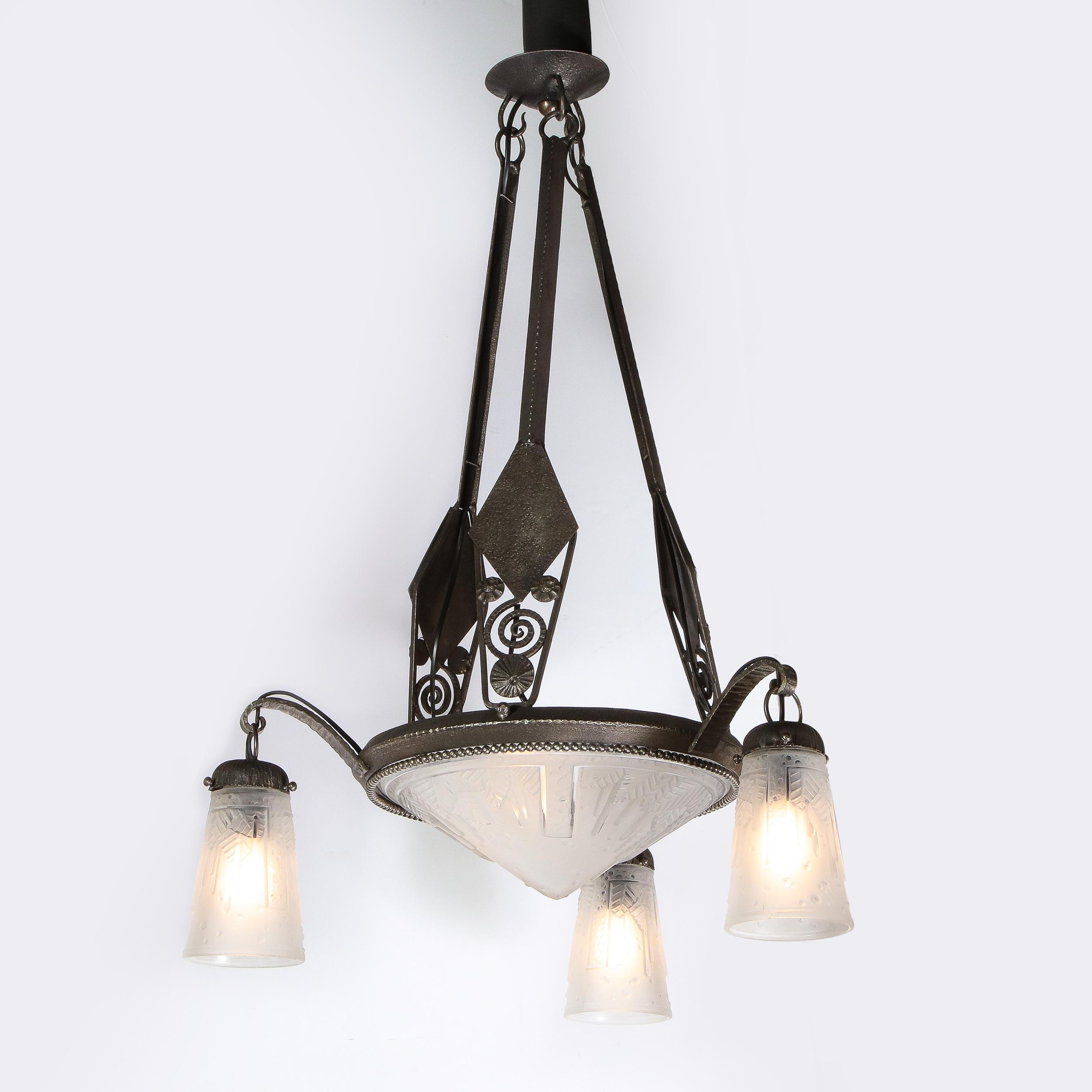 French Art Deco Cubist Wrought Iron & Frosted Glass Chandelier, Manner of Edgar Brandt For Sale