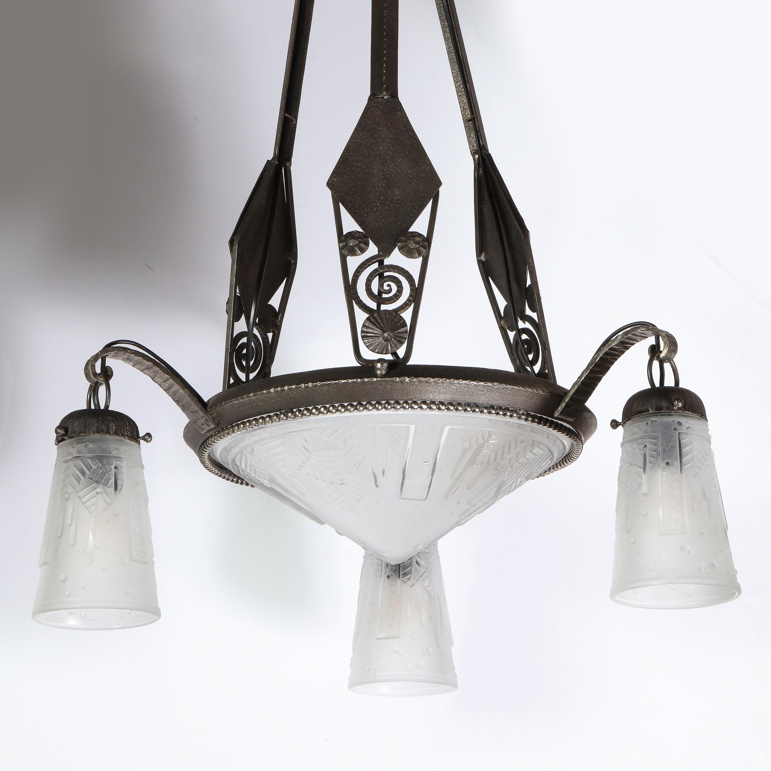 Art Deco Cubist Wrought Iron & Frosted Glass Chandelier, Manner of Edgar Brandt For Sale 2