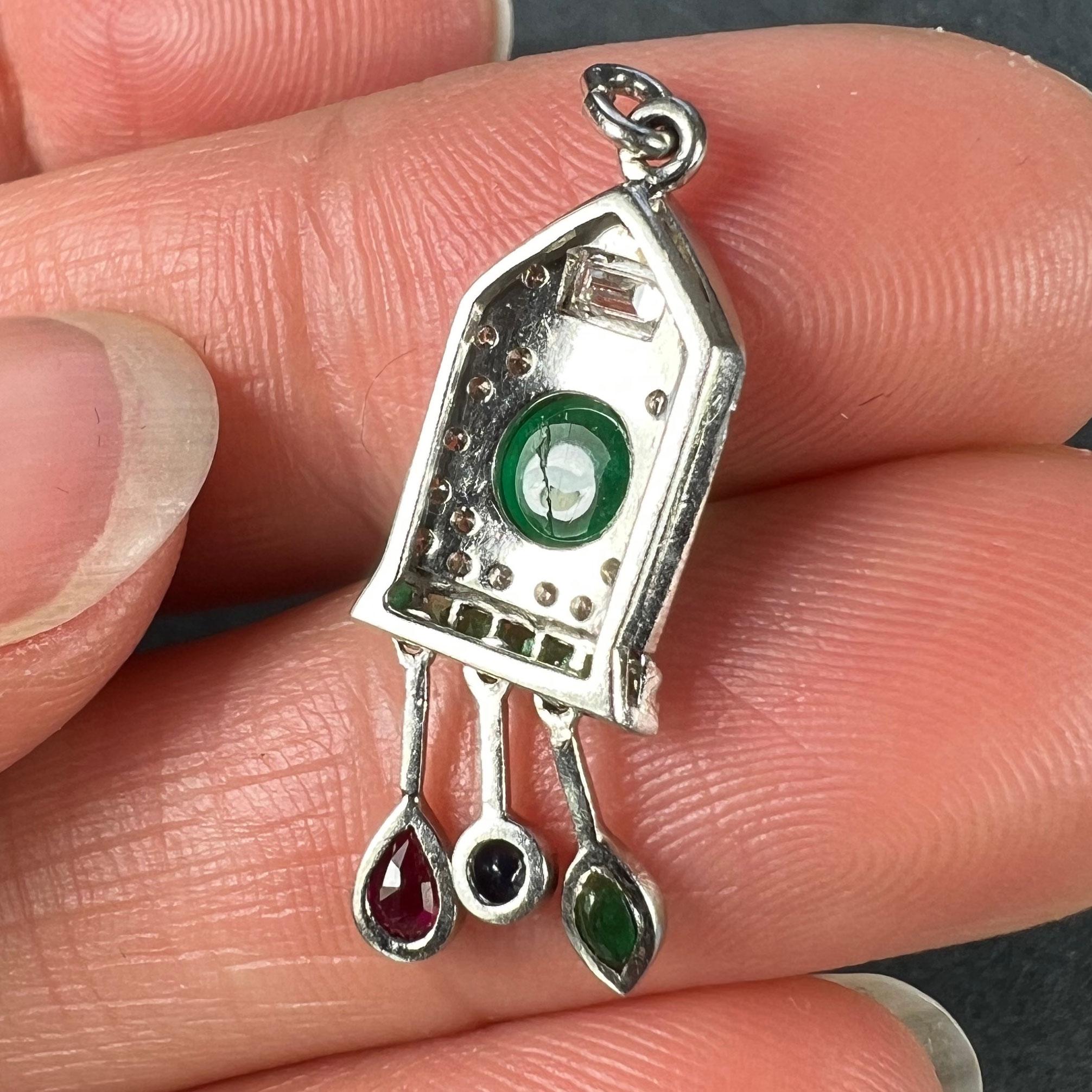Art Deco Cuckoo Clock Platinum Diamond Emerald Ruby Sapphire Charm Pendant For Sale 5